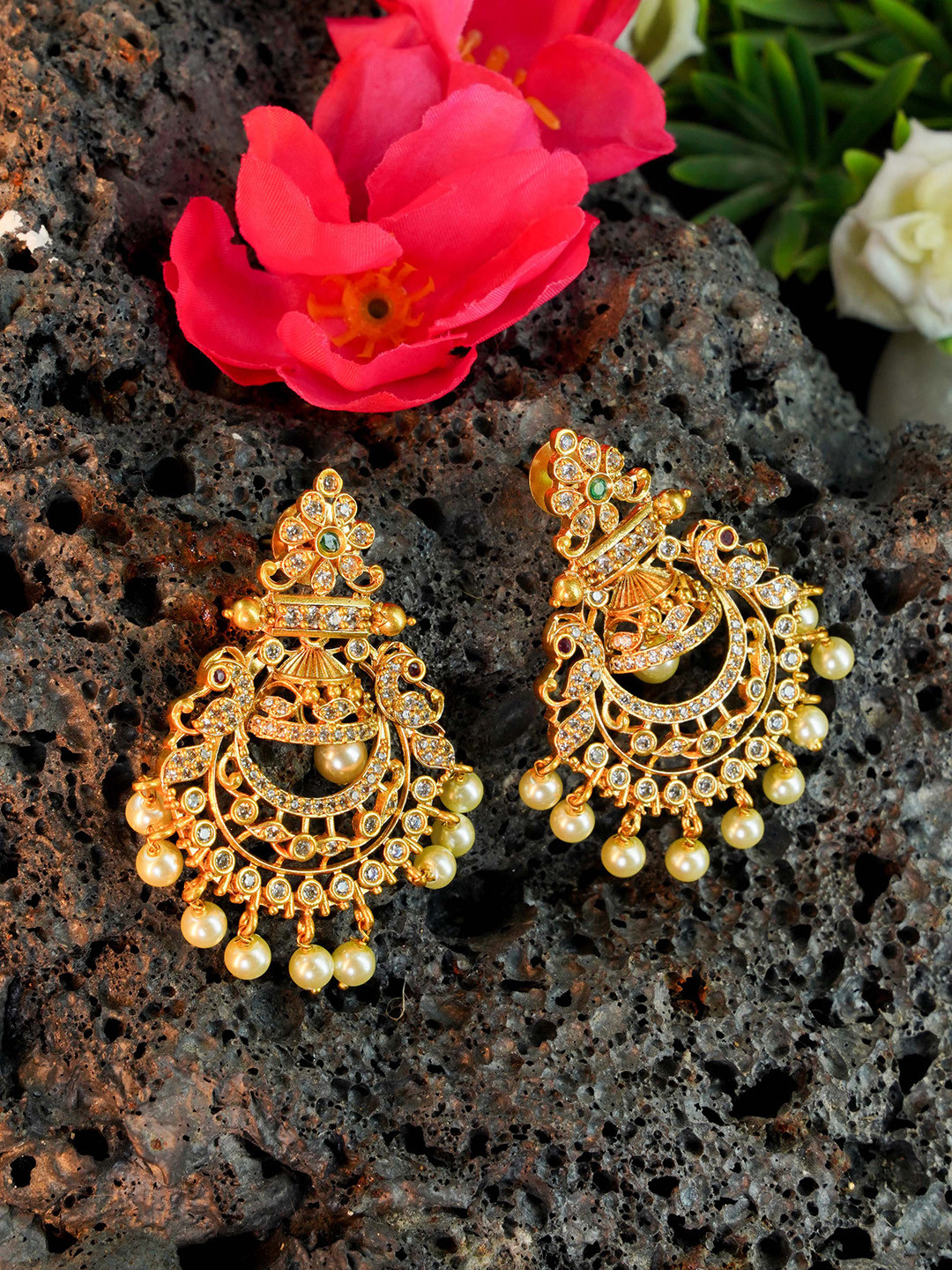 

GRIIHAM Gold-Toned Gold Plated AD Studded Contemporary Chandbalis Earrings