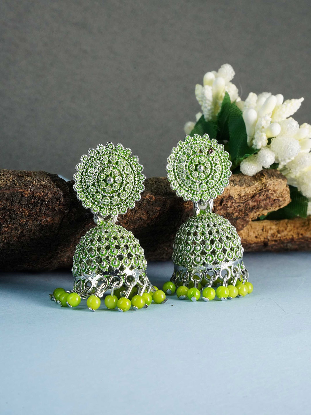 

GRIIHAM Green Gold Plated AD Studded Dome Shaped Jhumkas Earrings