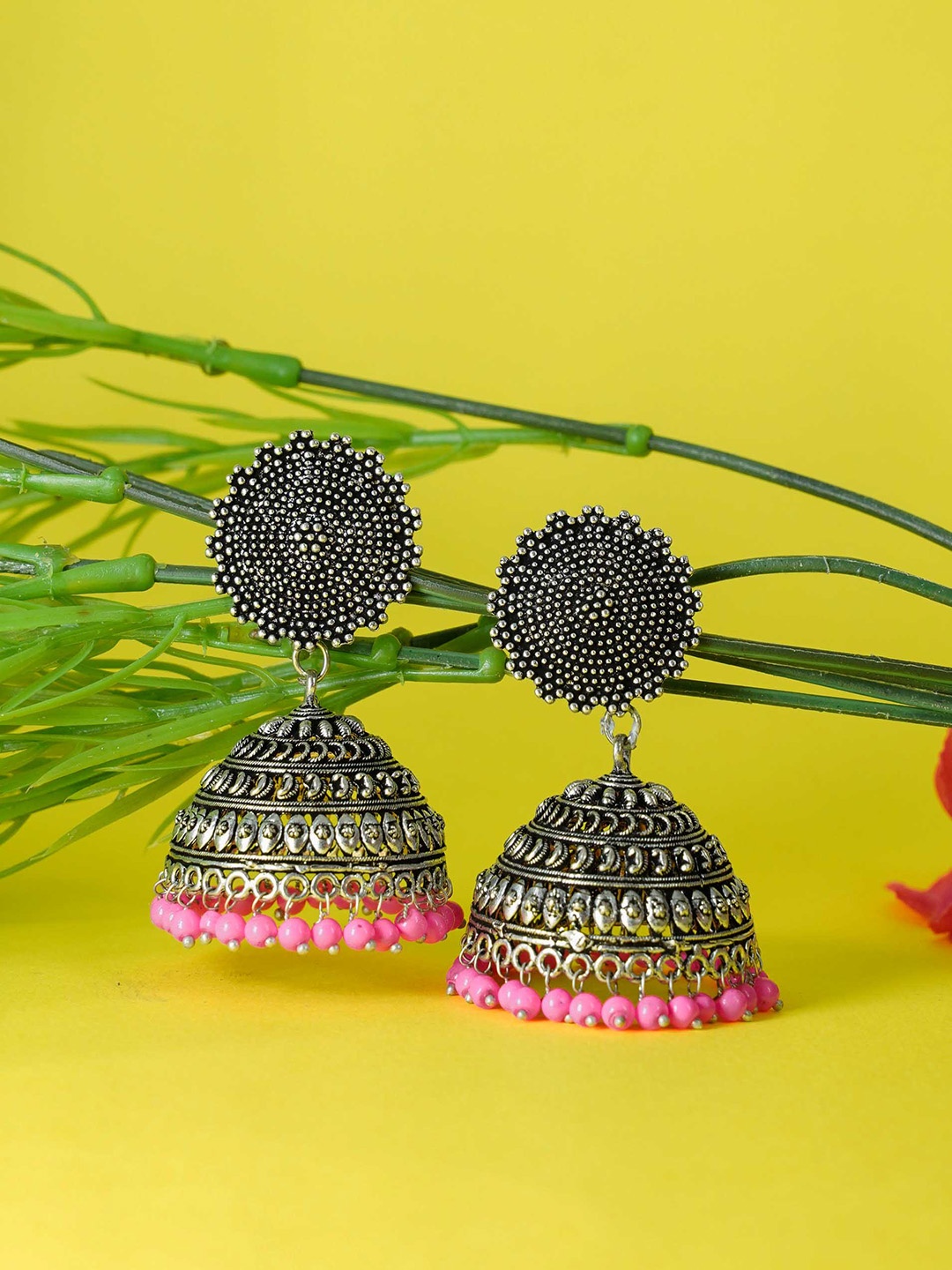 

GRIIHAM Pink & Silver-Toned Oxidised Dome Shaped Jhumkas Earrings