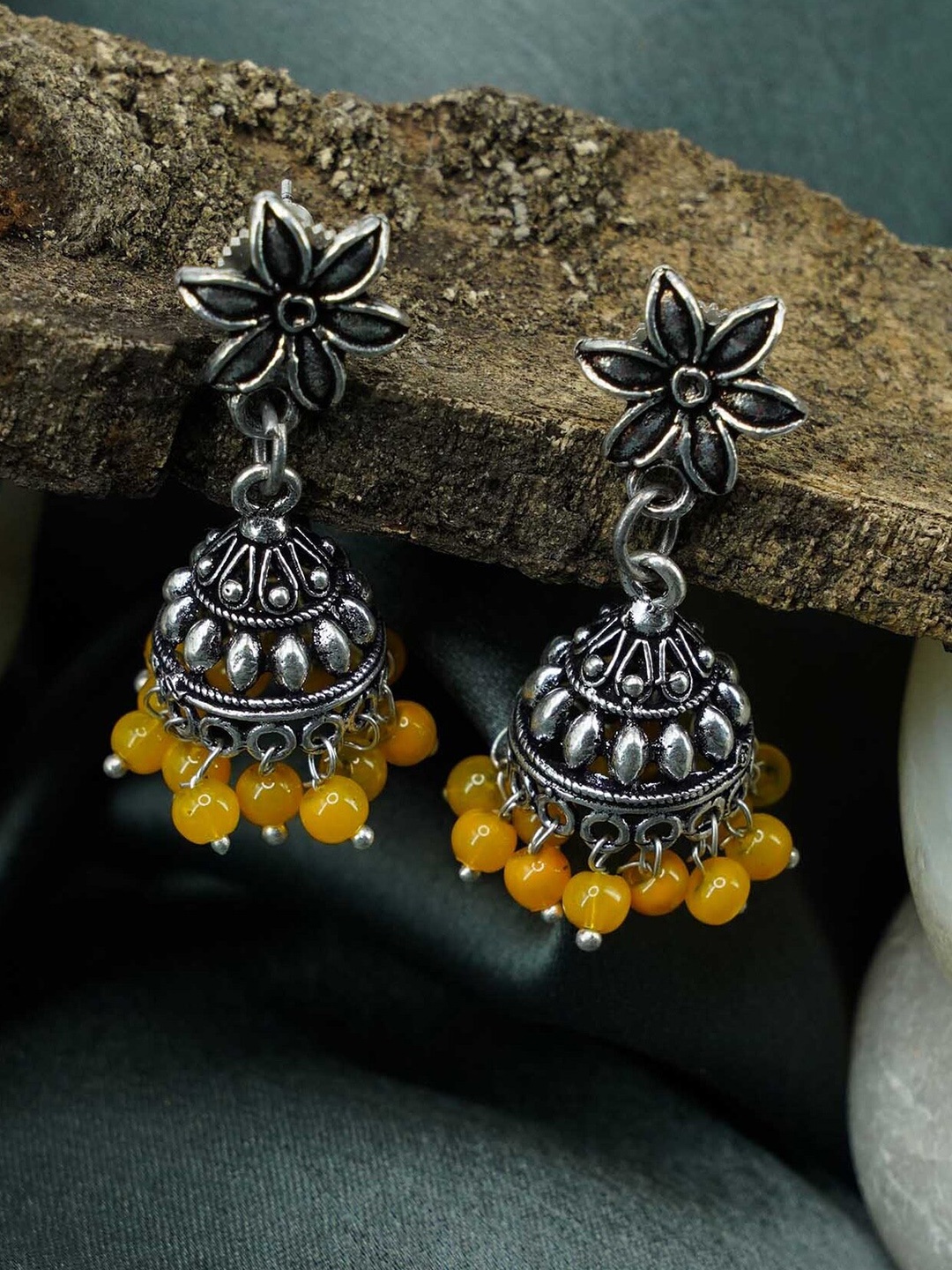 

GRIIHAM Yellow & Silver-Toned Oxidised Dome Shaped Jhumkas Earrings