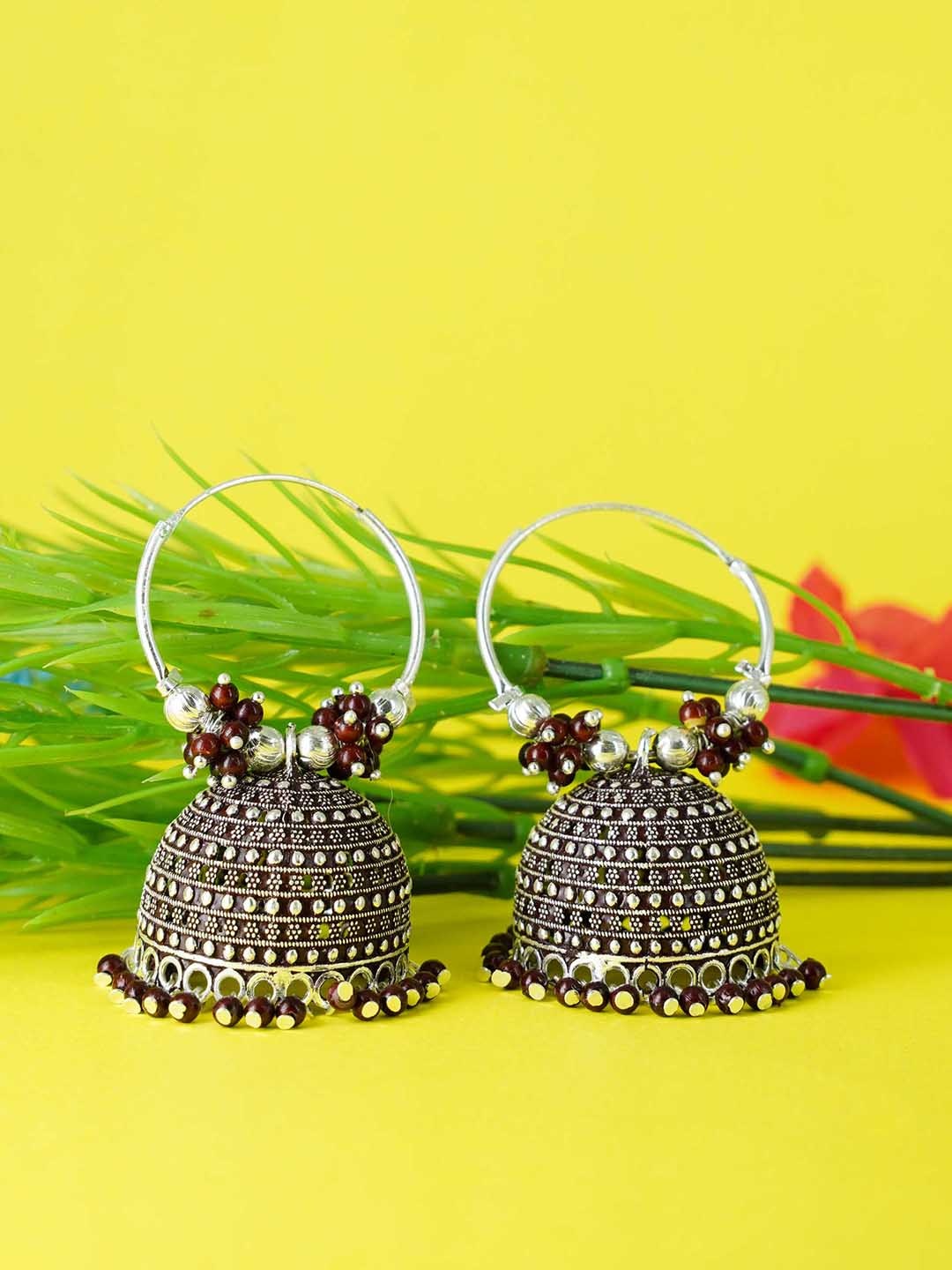 

GRIIHAM Black & Green Silver Plated Oxidised Dome Shaped Jhumkas Earrings
