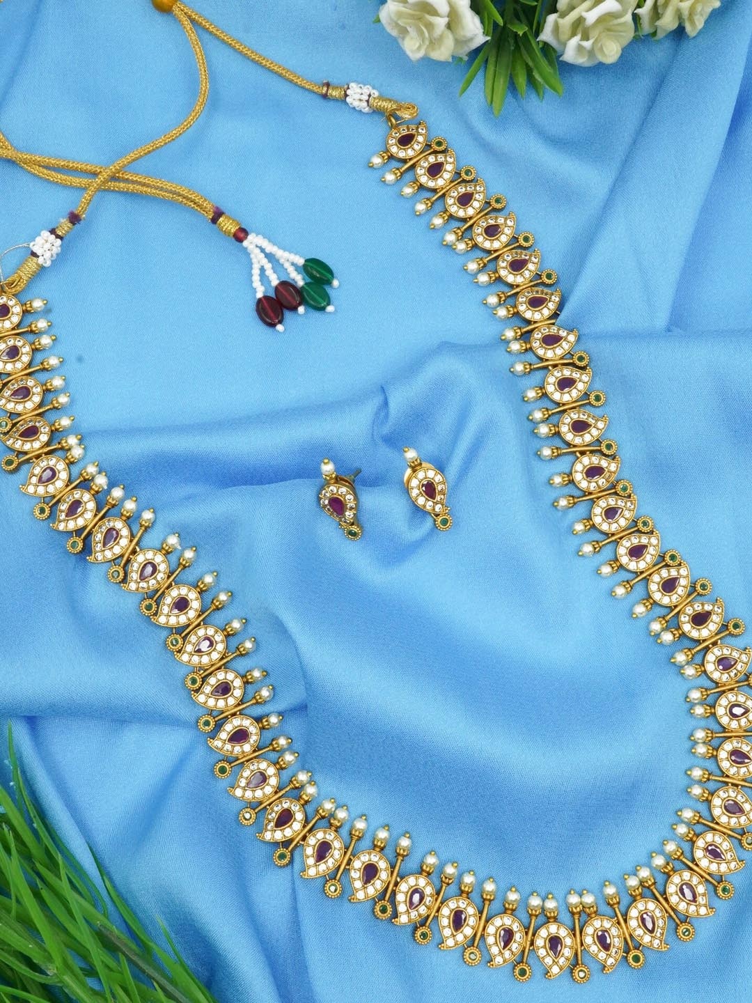 

GRIIHAM White & Green Gold-Plated CZ-Studded & Pearl Beaded Jewellery Set
