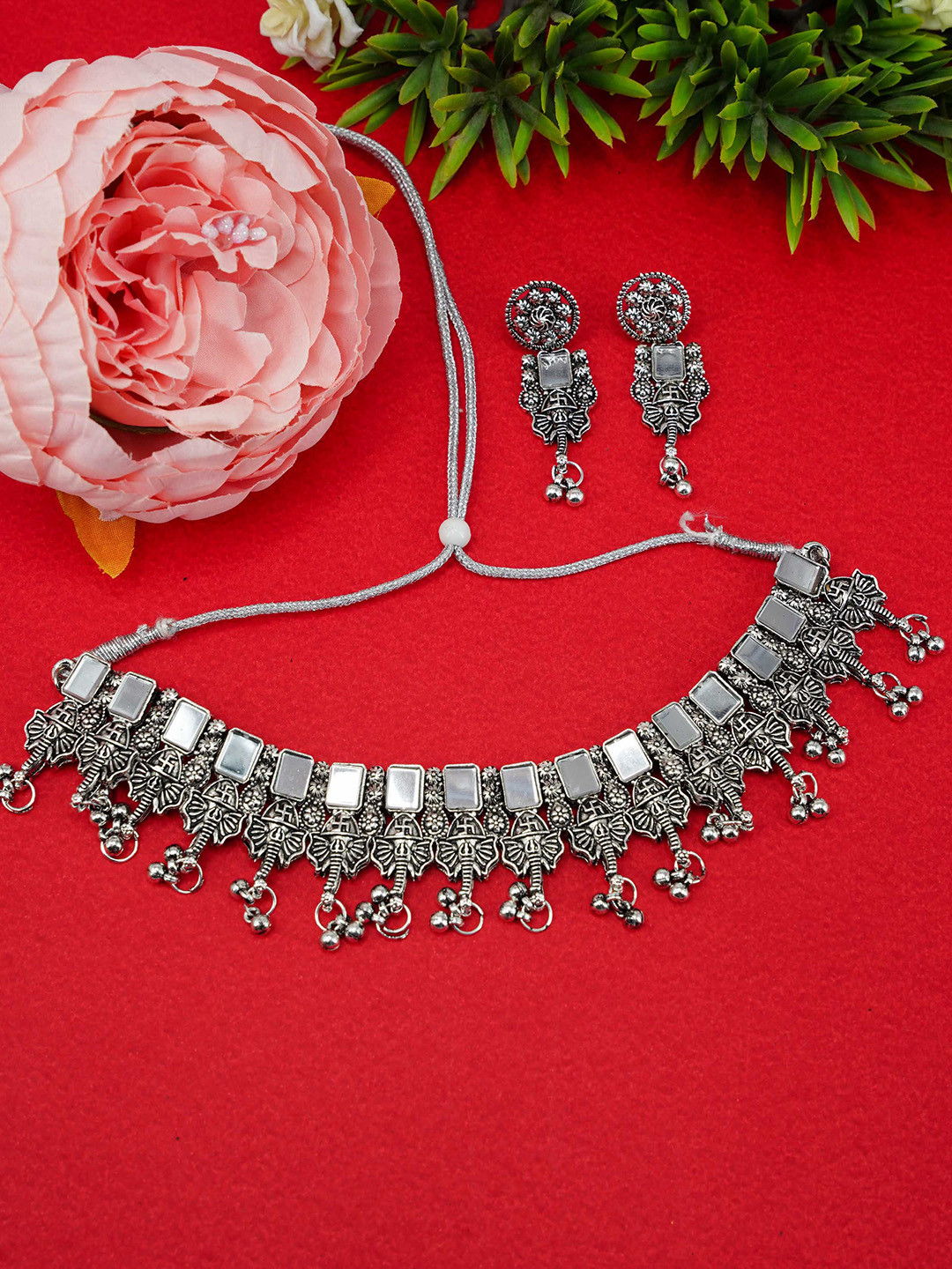 

GRIIHAM Silver-Plated & Mirror Stones-Studded Oxidised Jewellery Set