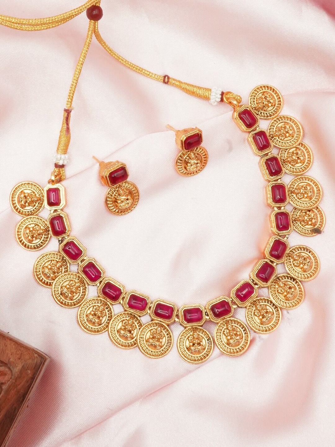 GRIIHAM Women Gold-Plated Red CZ Stone-Studded & Beaded Jewellery Set