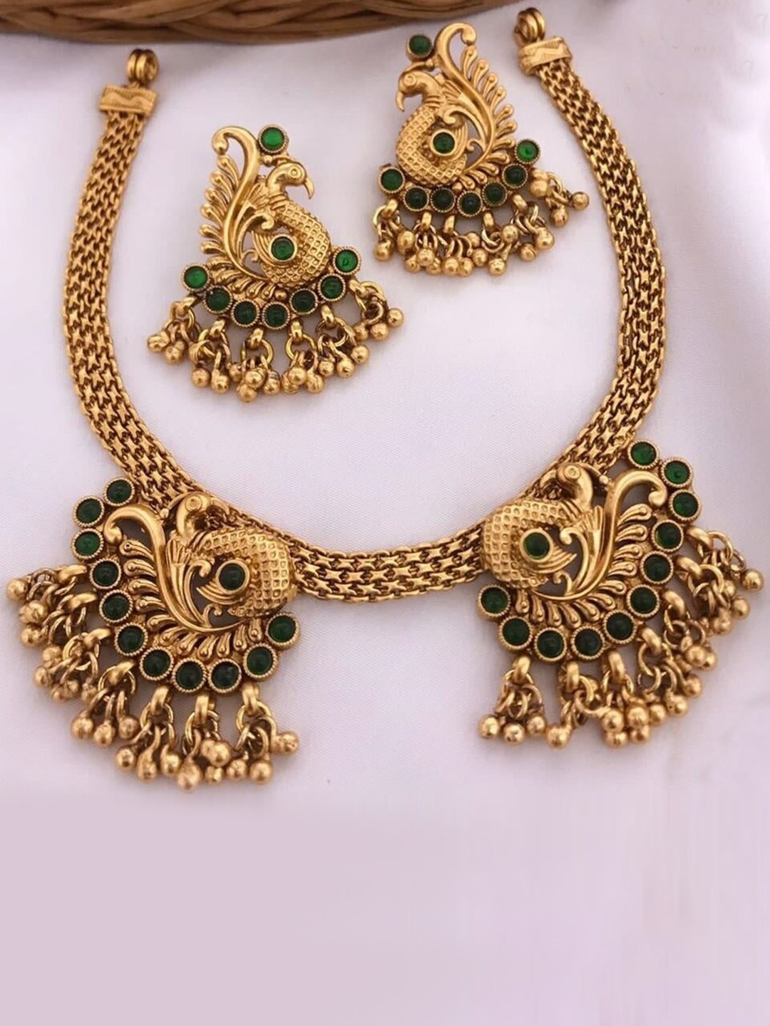 

GRIIHAM Gold-Plated & Green CZ Stone Studded Jewellery Set