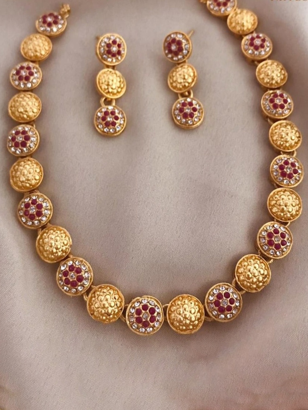 

GRIIHAM Gold-Plated Red & White Stone-Studded Jewellery Set