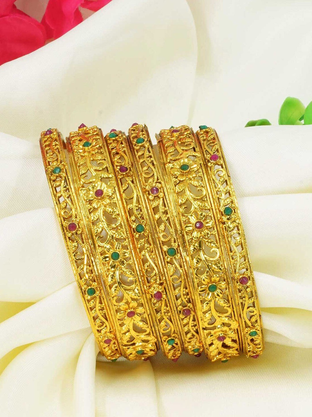 

GRIIHAM Set of 6 Red & Green Gold Plated AD Studded Bangles