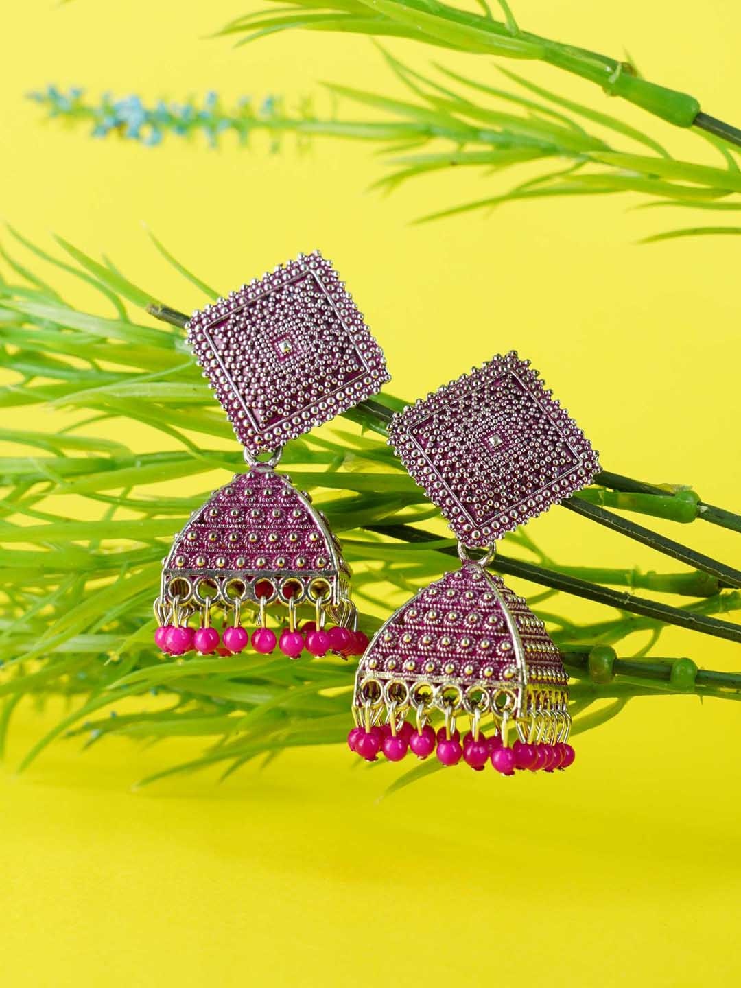 

GRIIHAM Silver-Toned & Pink Dome Shaped Jhumkas Earrings