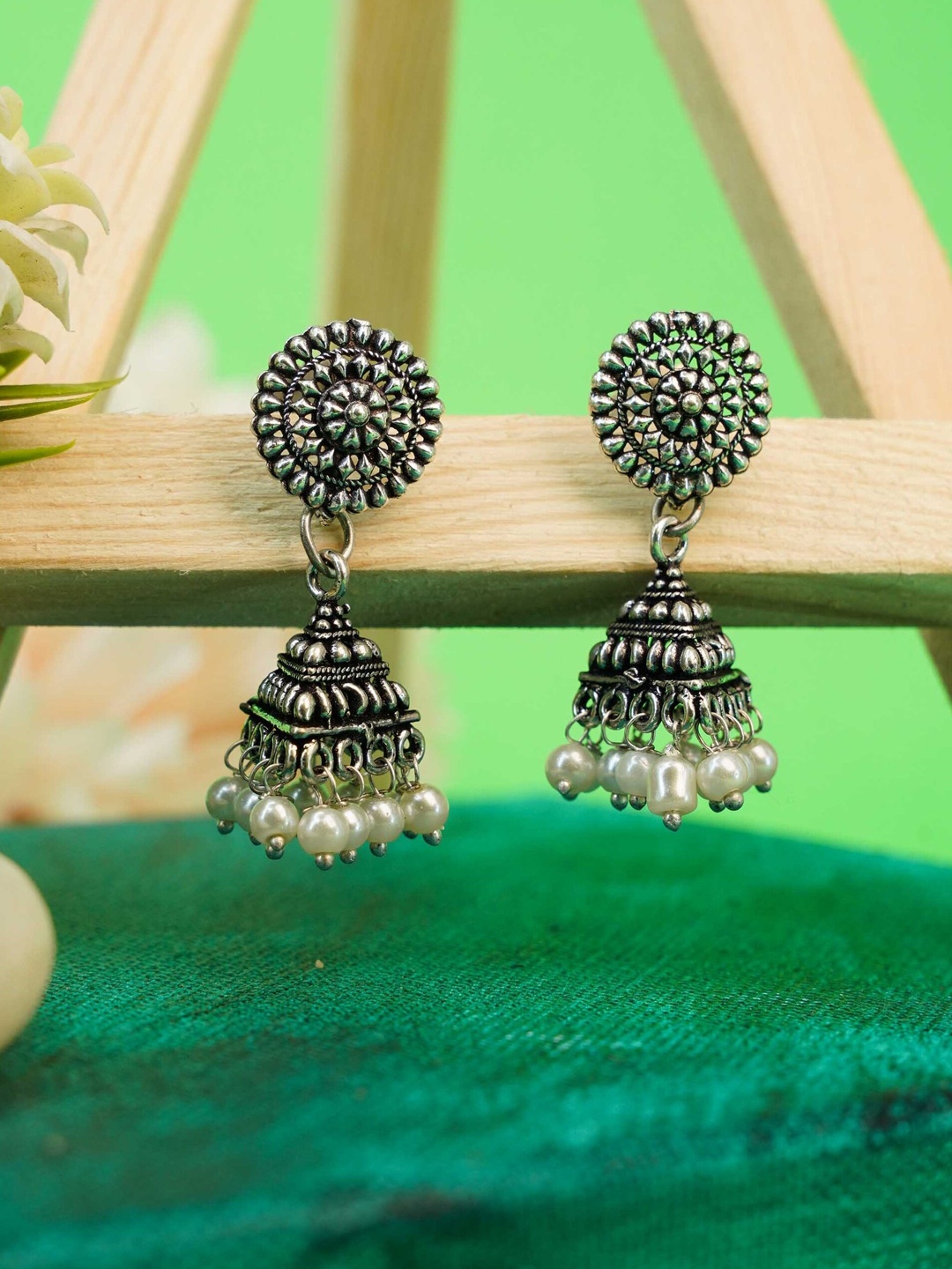 

GRIIHAM Silver-Toned Dome Shaped Jhumkas Earrings