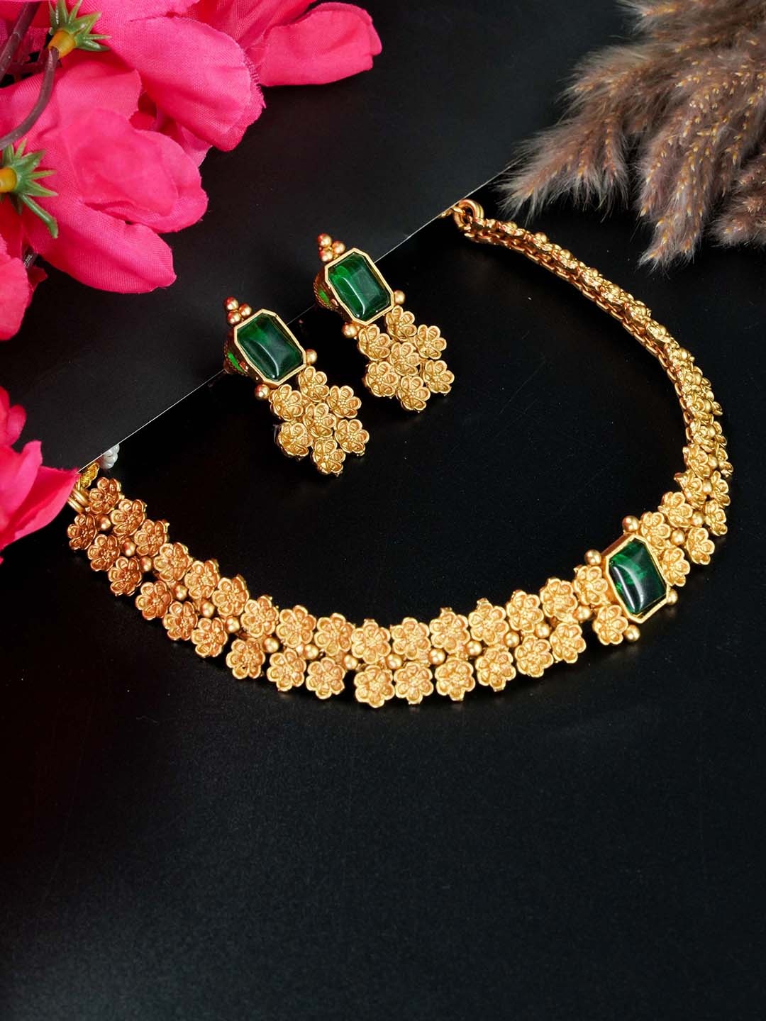 

GRIIHAM Gold-Plated Green CZ Stone-Studded Jewellery Set