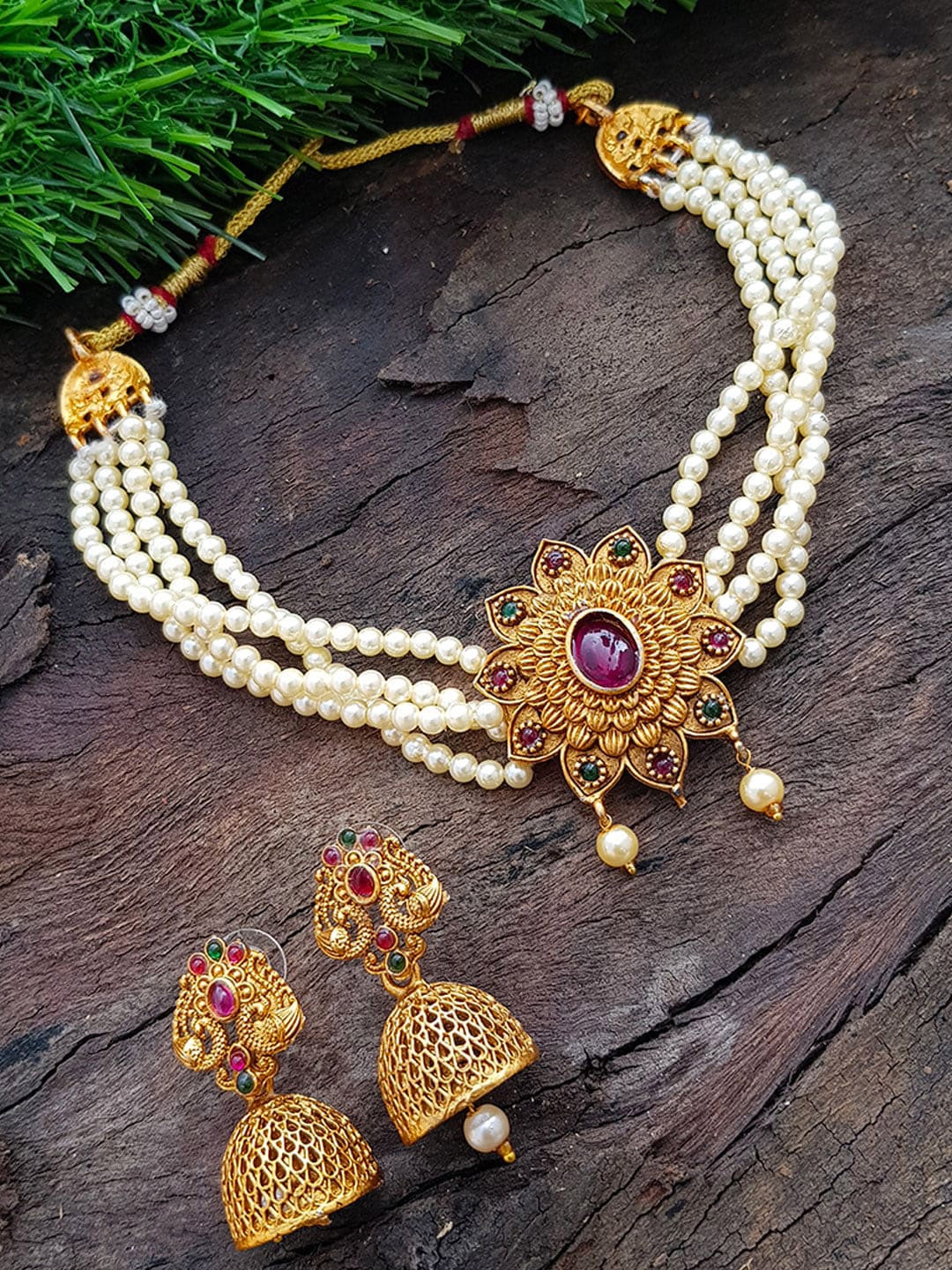 

GRIIHAM Gold-Plated White & Green CZ-Studded & Pearl Beaded Jewellery Set