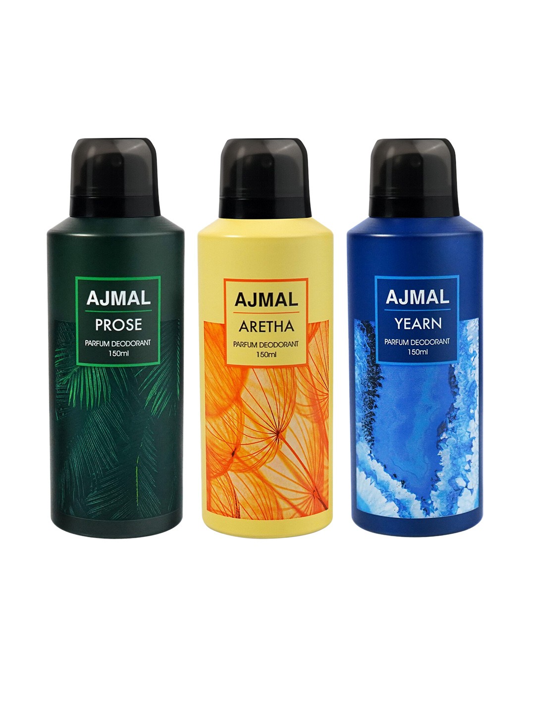 

Ajmal Set of 3 Prose + Aretha + Yearn Long Lasting Perfume Deodorant - 150 ml each, Black