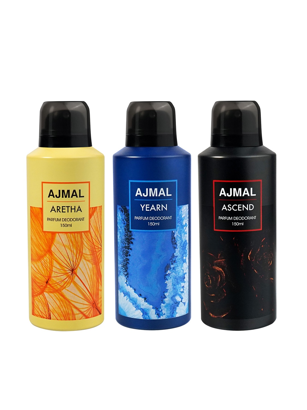 

Ajmal Set of 3 Yearn + Ascend + Aretha Long Lasting Perfume Deodorant - 150 ml each, Yellow