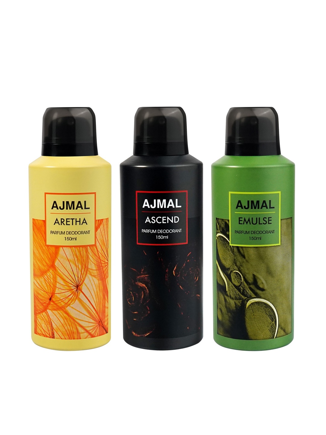 

Ajmal Set of 3 Aretha + Ascend + Emulse Long Lasting Perfume Deodorant - 150 ml each, Yellow