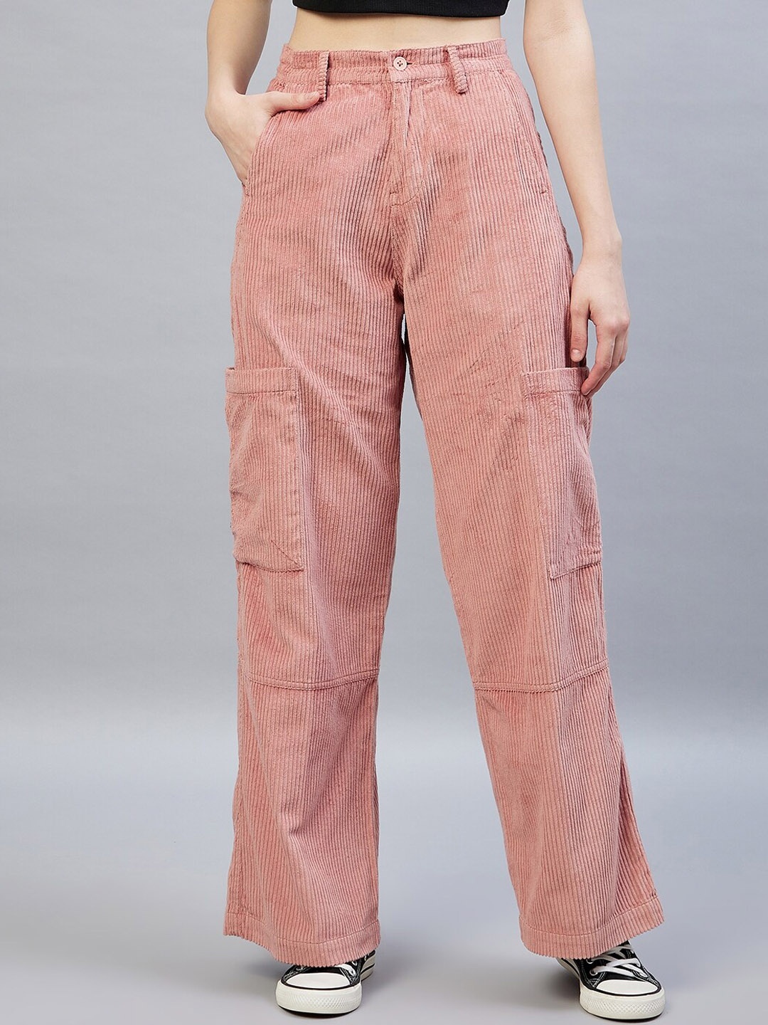 

DELAN Women Peach-Coloured Relaxed Straight Leg Straight Fit High-Rise Easy Wash Corduroy Joggers Trousers