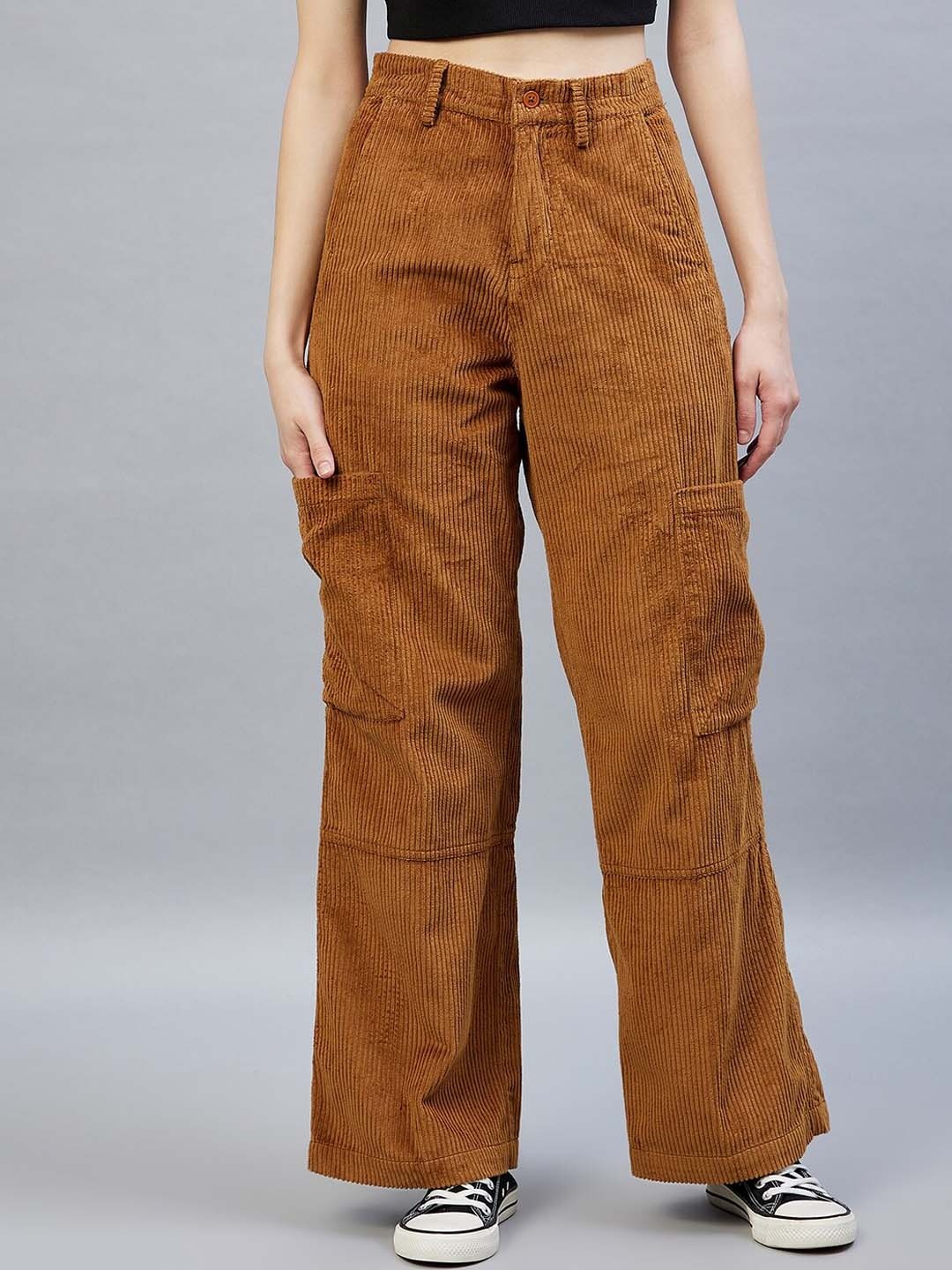 

DELAN Women Brown Relaxed Straight Leg Straight Fit High-Rise Easy Wash Corduroy Trousers
