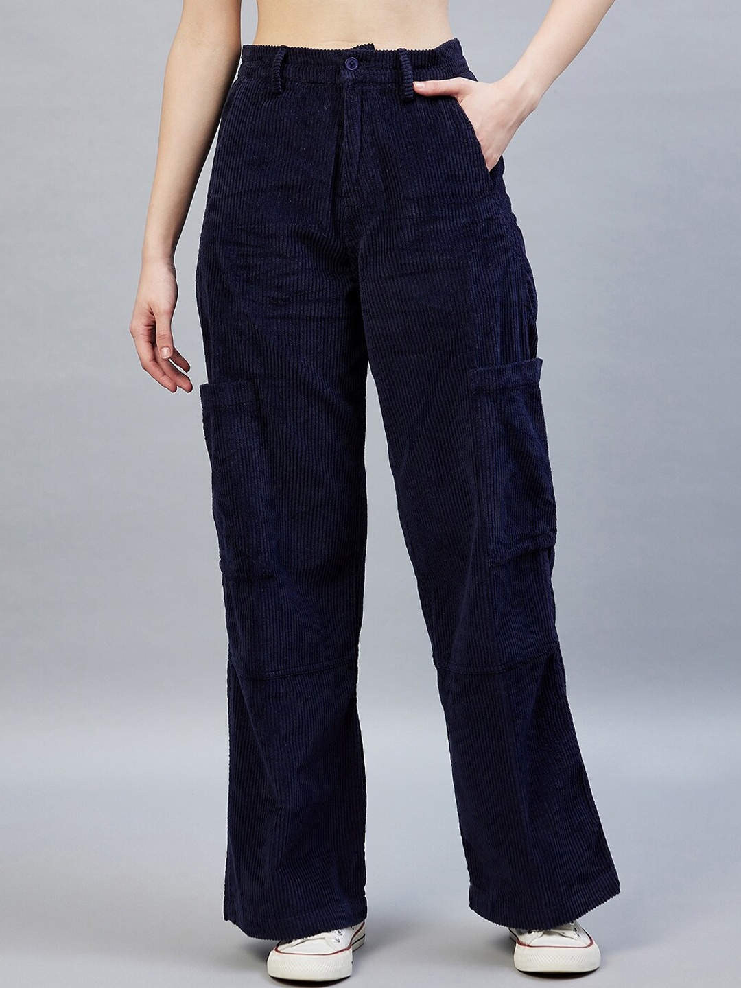 DELAN Women Navy Blue Relaxed Straight Leg Straight Fit High-Rise Easy Wash Corduroy Trousers