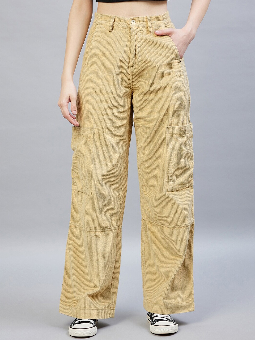 DELAN Women Beige Relaxed Straight Leg Straight Fit High-Rise Easy Wash Corduroy Trousers