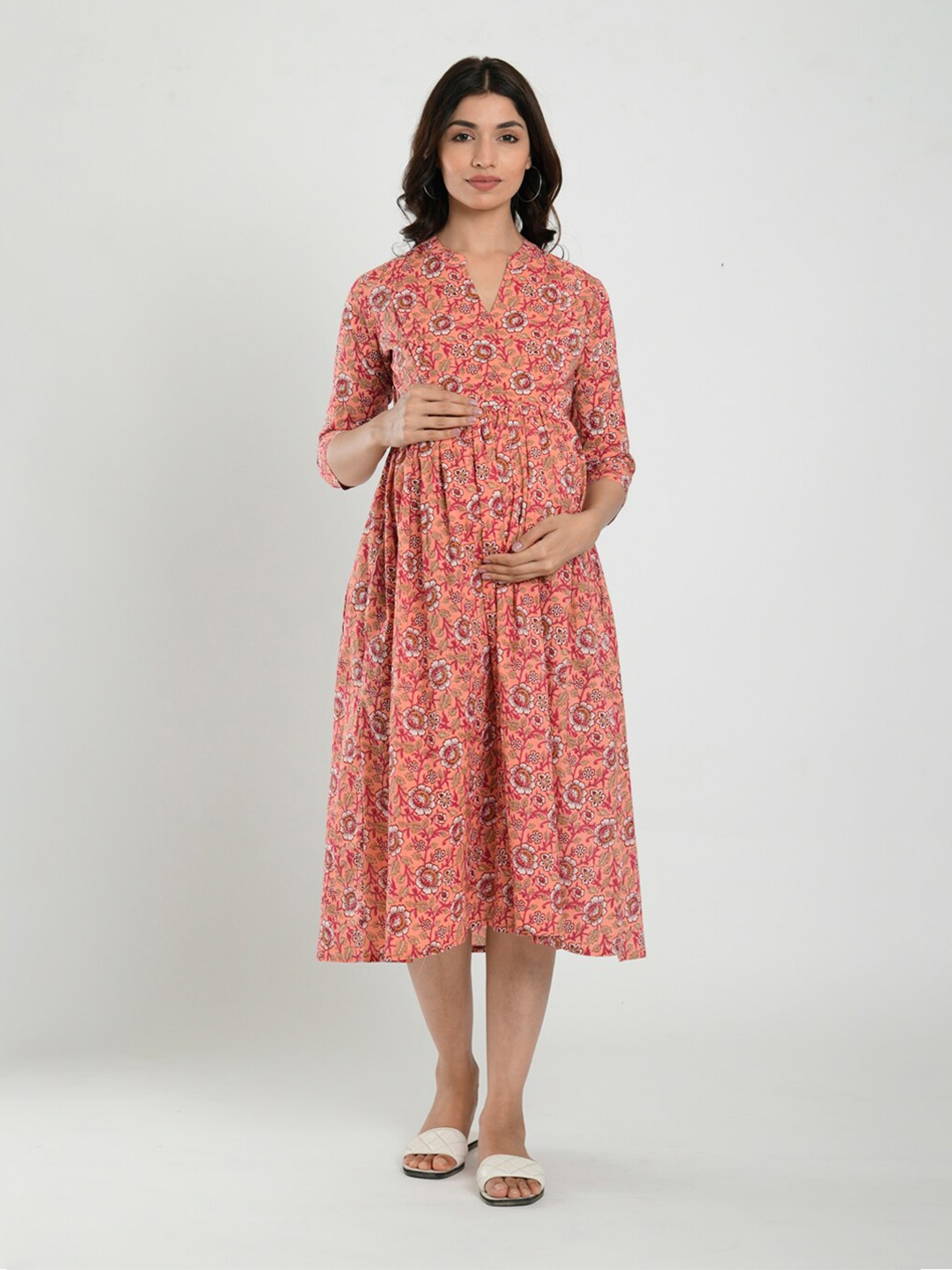 

CRAFIQA Women Peach Floral Maternity & Nursing Cotton Midi Dress