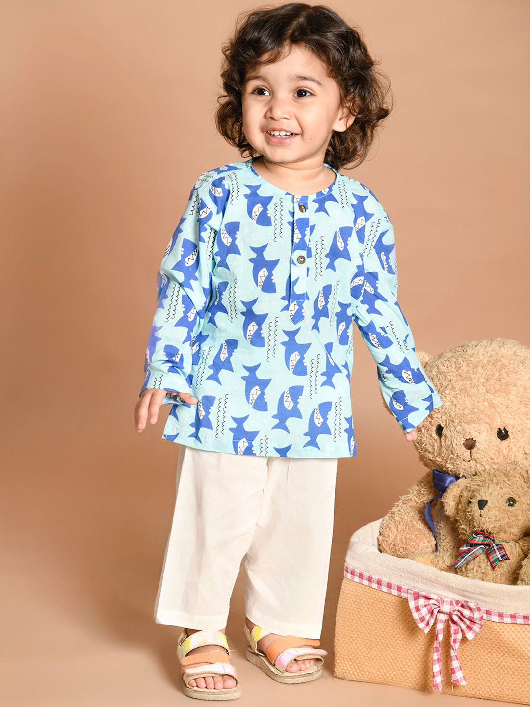 

LIL PITAARA Unisex Kids Blue Animal Printed Pure Cotton Kurta with Pyjamas