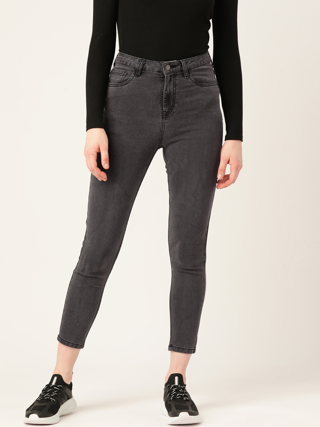 

DressBerry Women Skinny Fit High-Rise Cropped Jeans, Charcoal