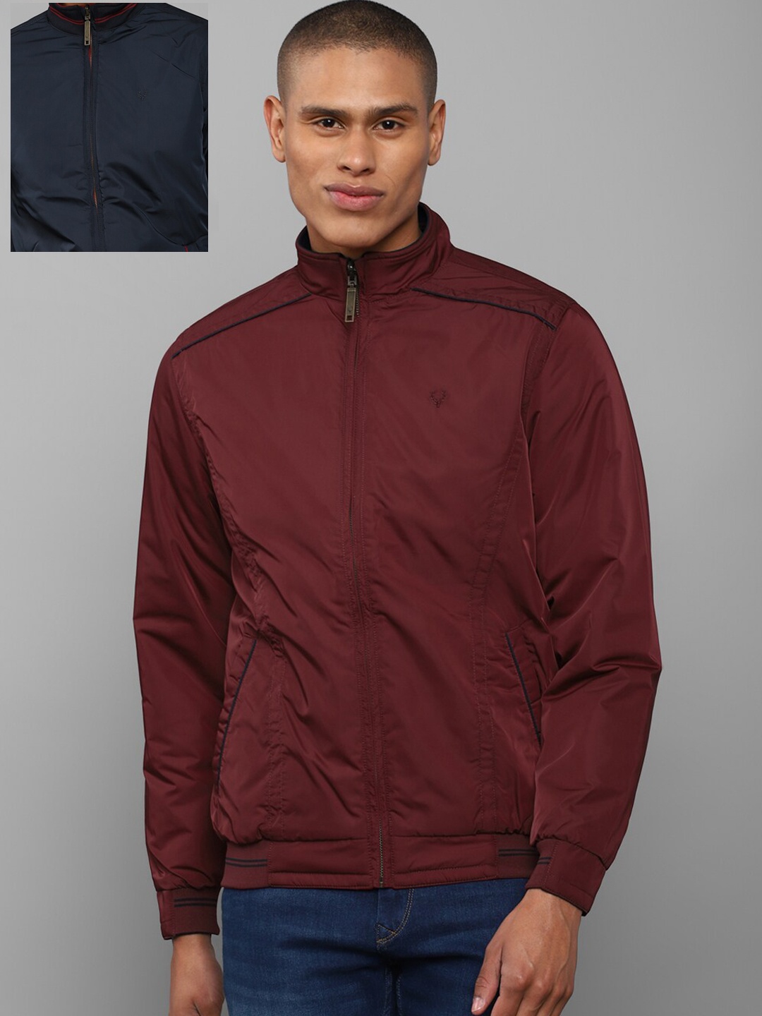 

Allen Solly Men Navy Blue & Maroon Solid Pure Cotton Reversible Bomber Jacket