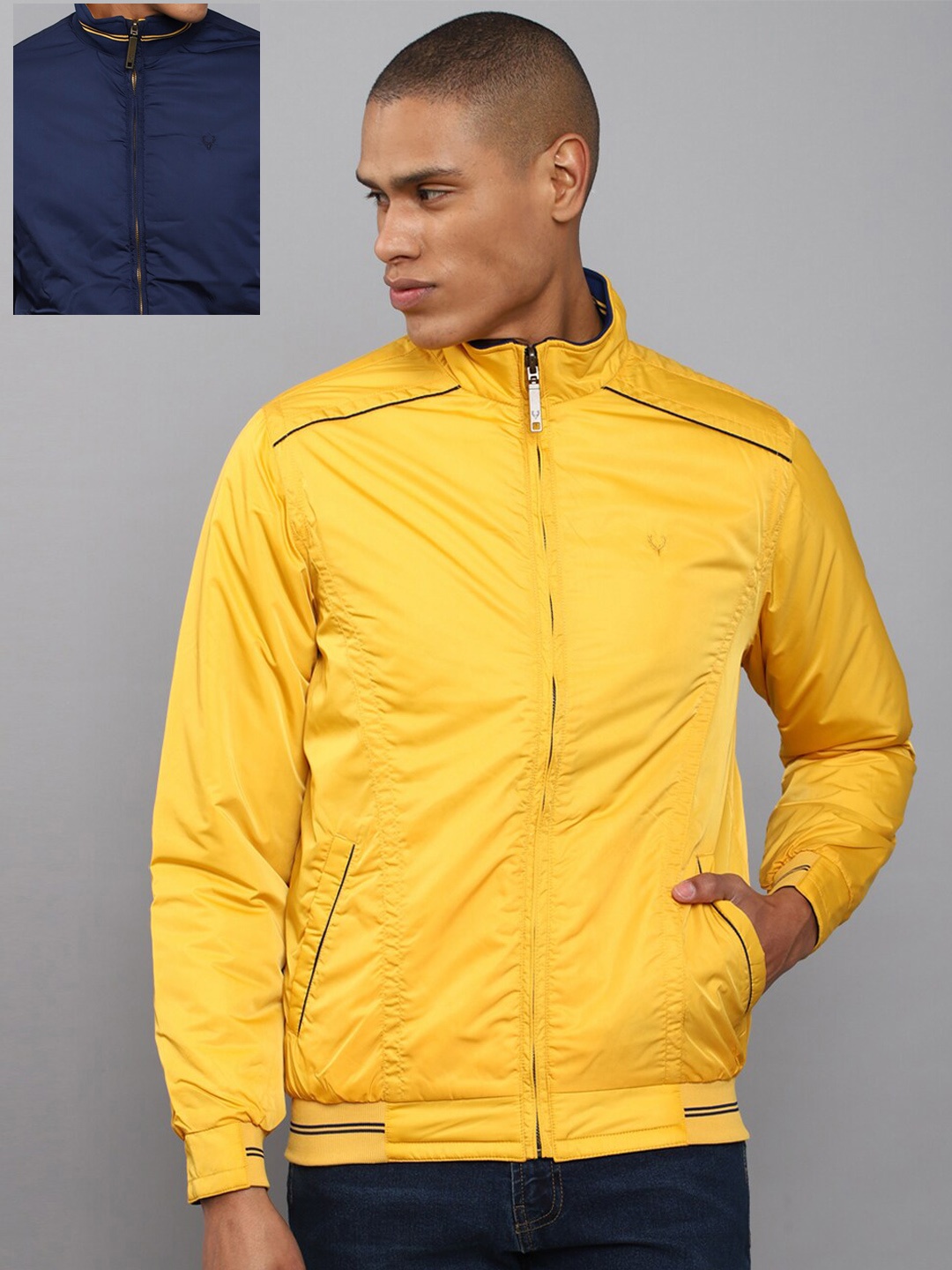 

Allen Solly Men Yellow & Navy Blue Pure Cotton Reversible Bomber Jacket