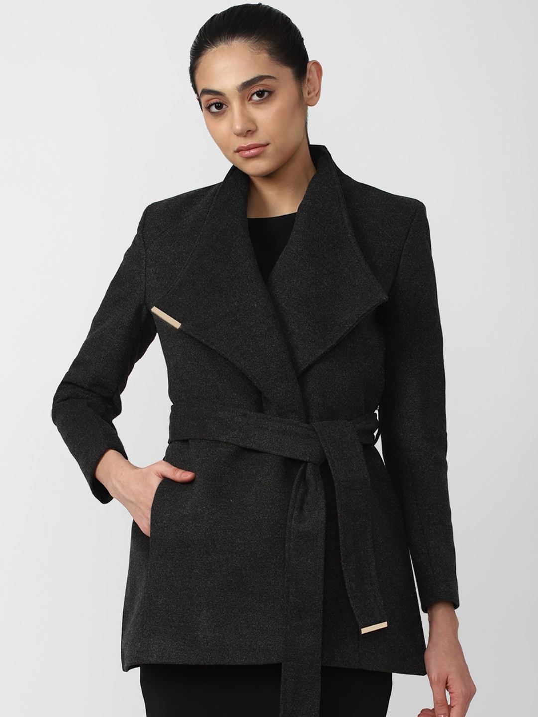 

Van Heusen Woman Cotton Shawl Collar Wrap Coat With Tie-Up Belt, Grey