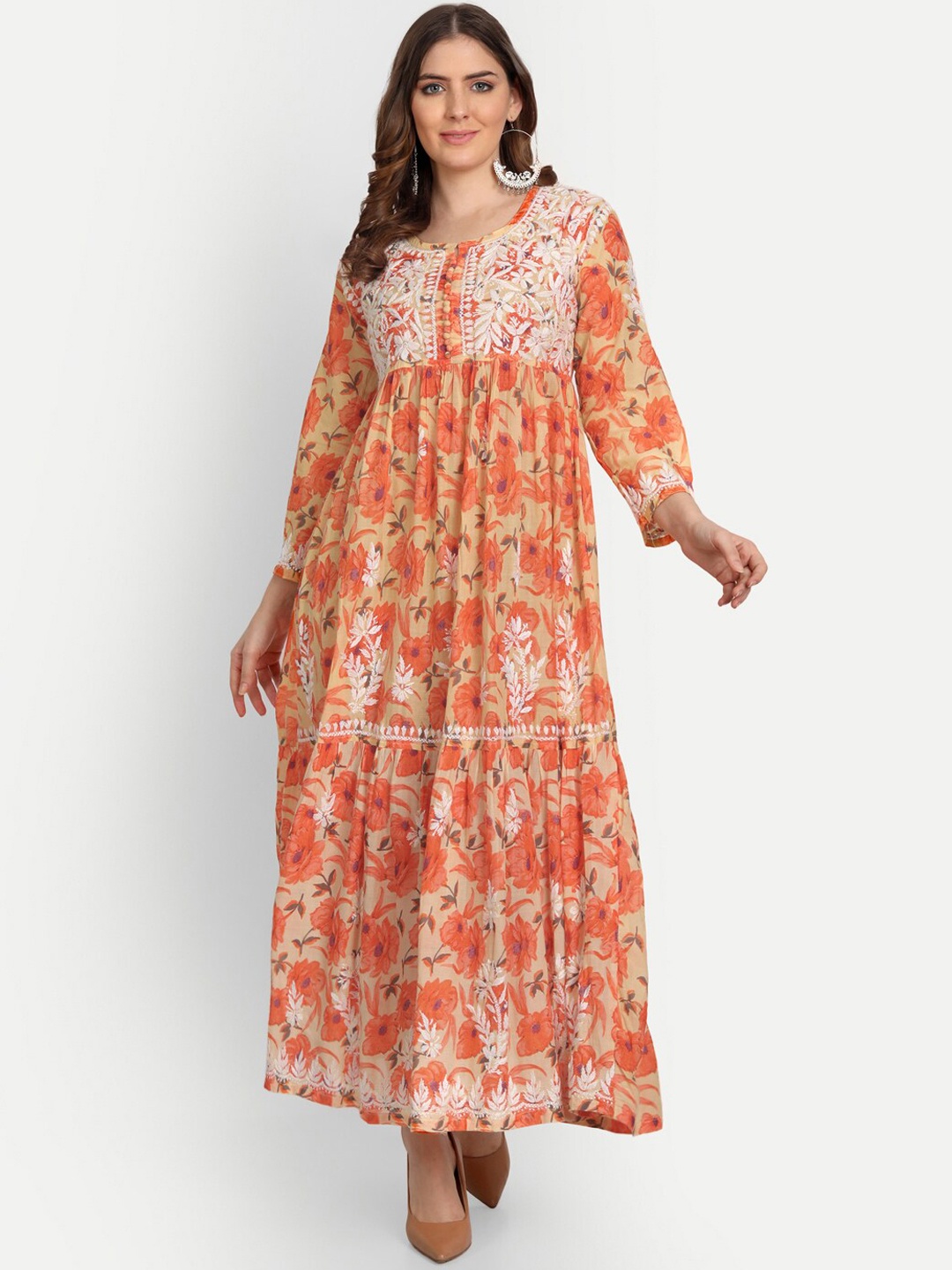Indiankala4u Ethnic Motifs Printed Chikankari Anarkali Cotton Kurta, Orange
