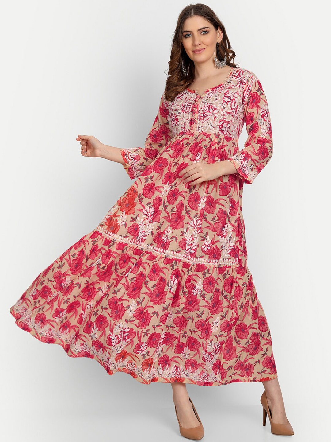 

Indiankala4u Notched Neck Chikankari Embroidered Floral Print Anarkali Cotton Kurta, Red