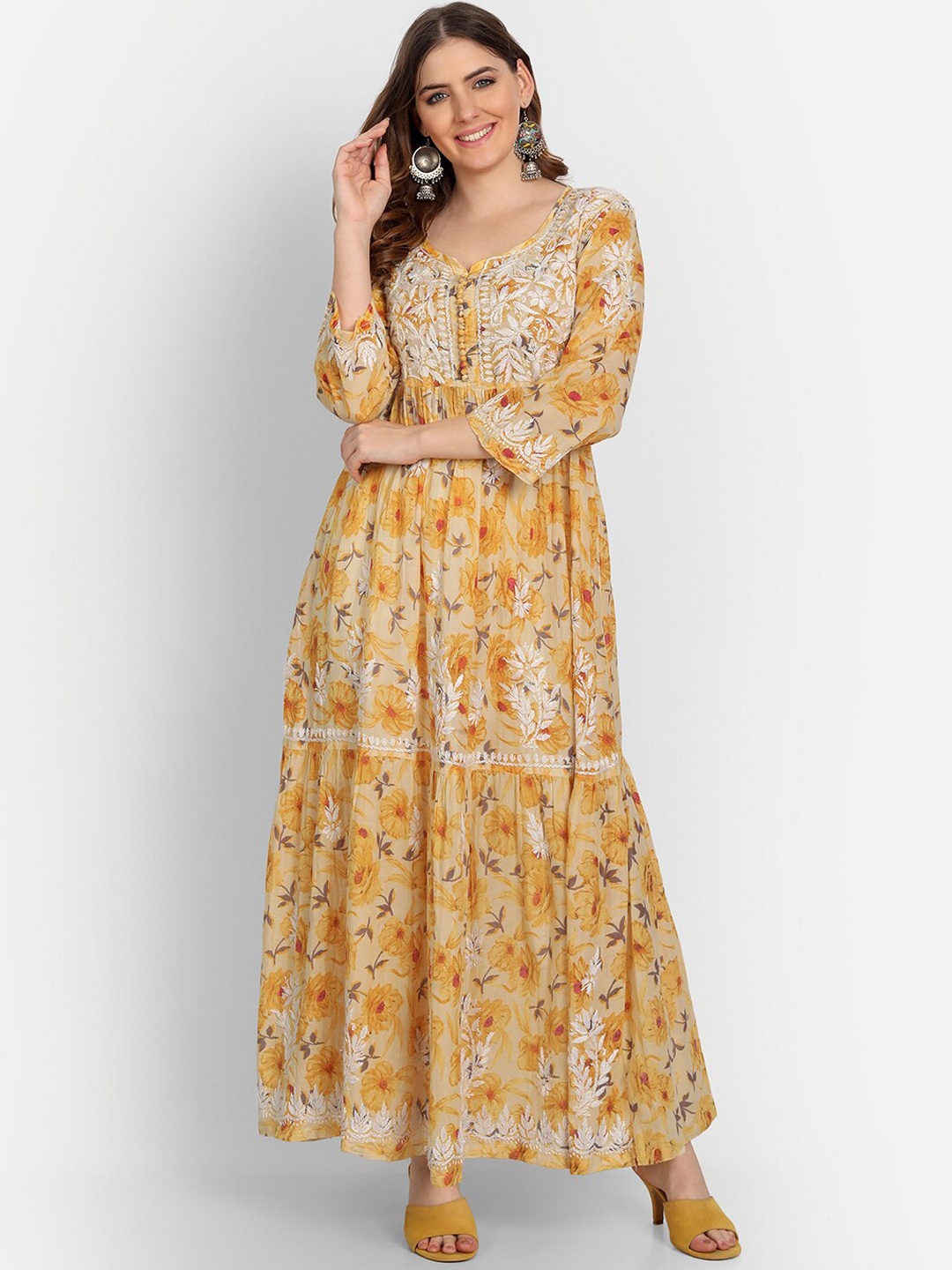 

Indiankala4u Floral Printed Chikankari Thread Work Anarkali Cotton Kurta, Yellow