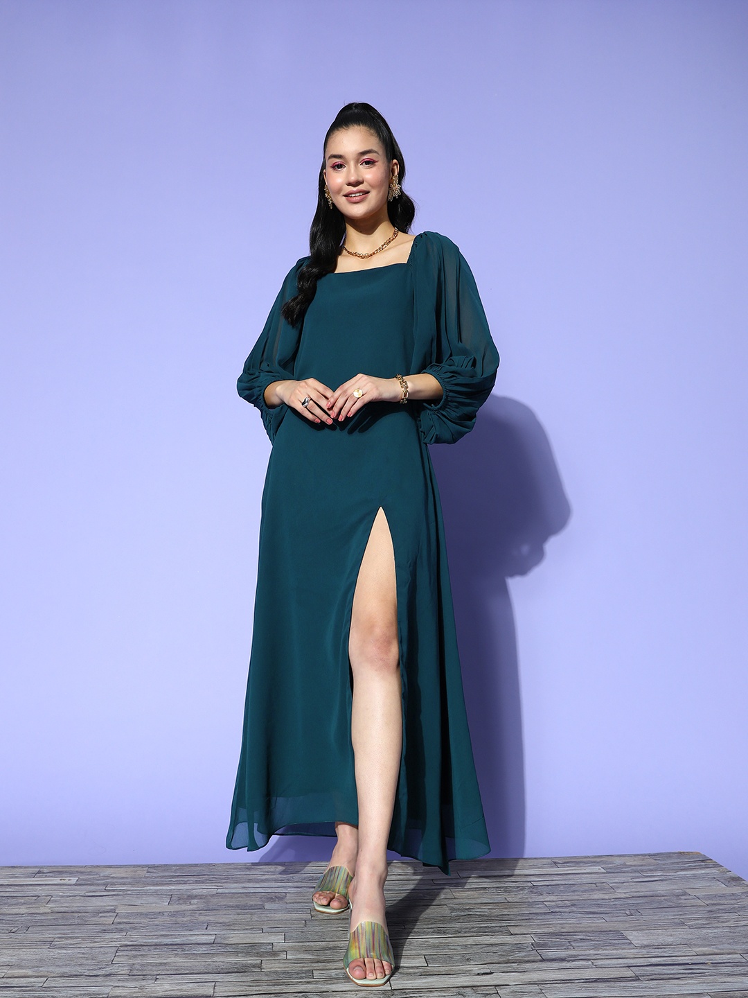 

Kvsfab Solid Georgette Slit A-Line Maxi Dress, Teal