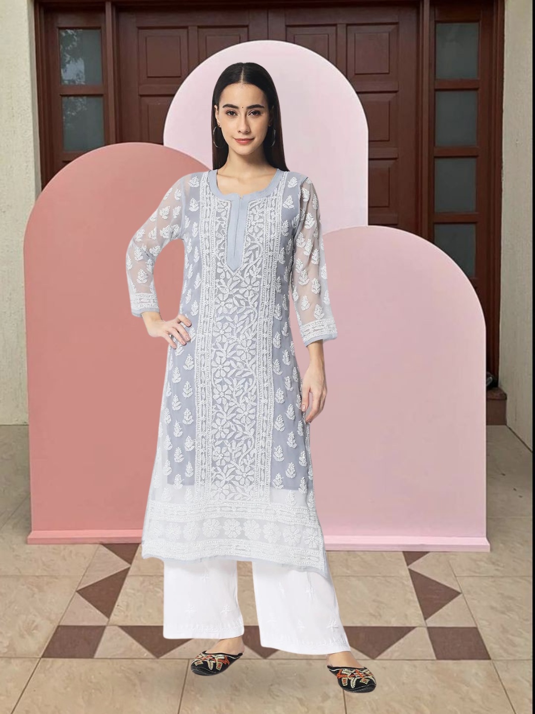 

PARAMOUNT CHIKAN Women Embroidered Lucknowi Chikankari Georgette Kurta, Grey