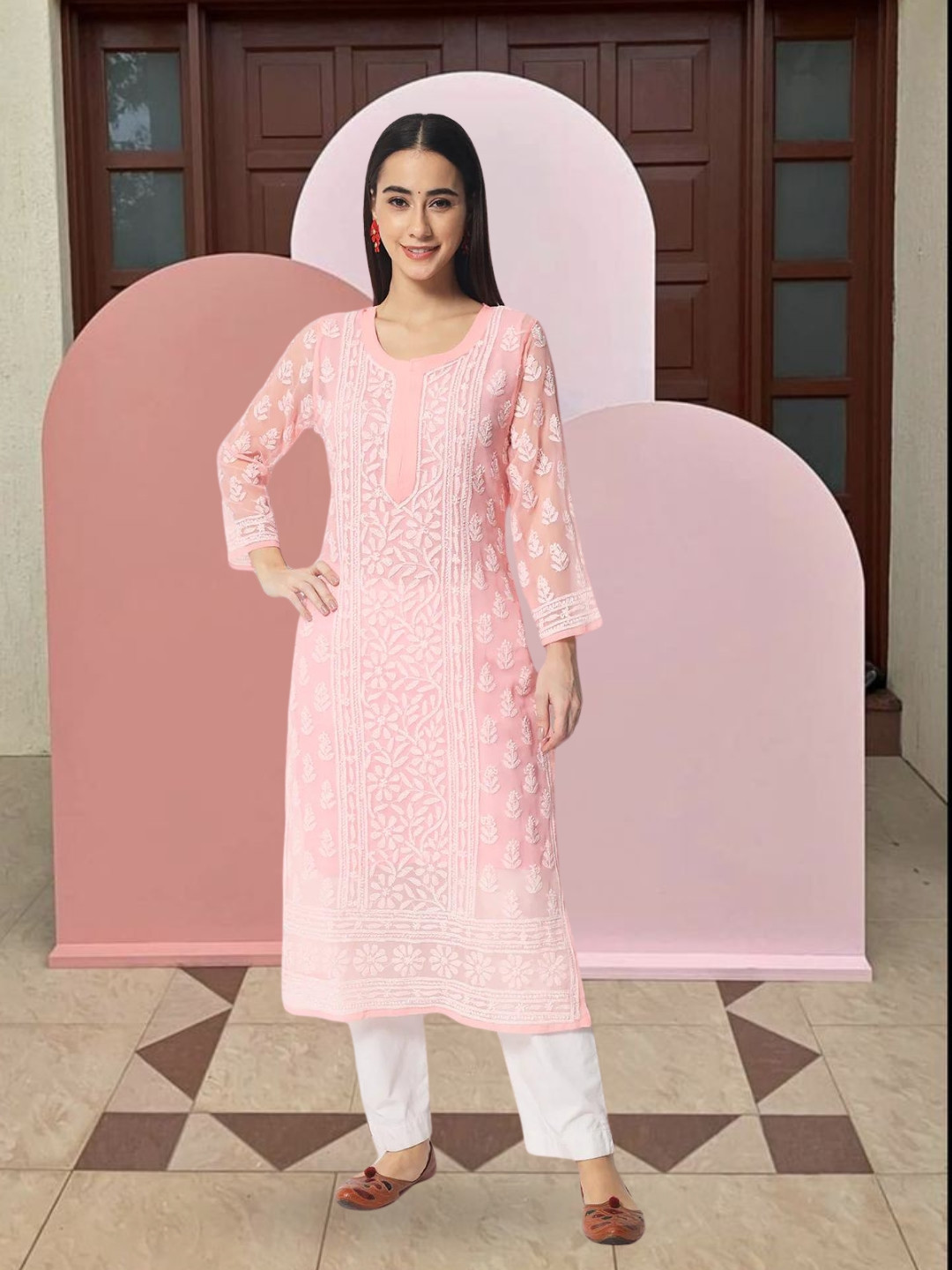 

PARAMOUNT CHIKAN Floral Chikankari Embroidered Georgette Straight Kurta with Slip, Peach