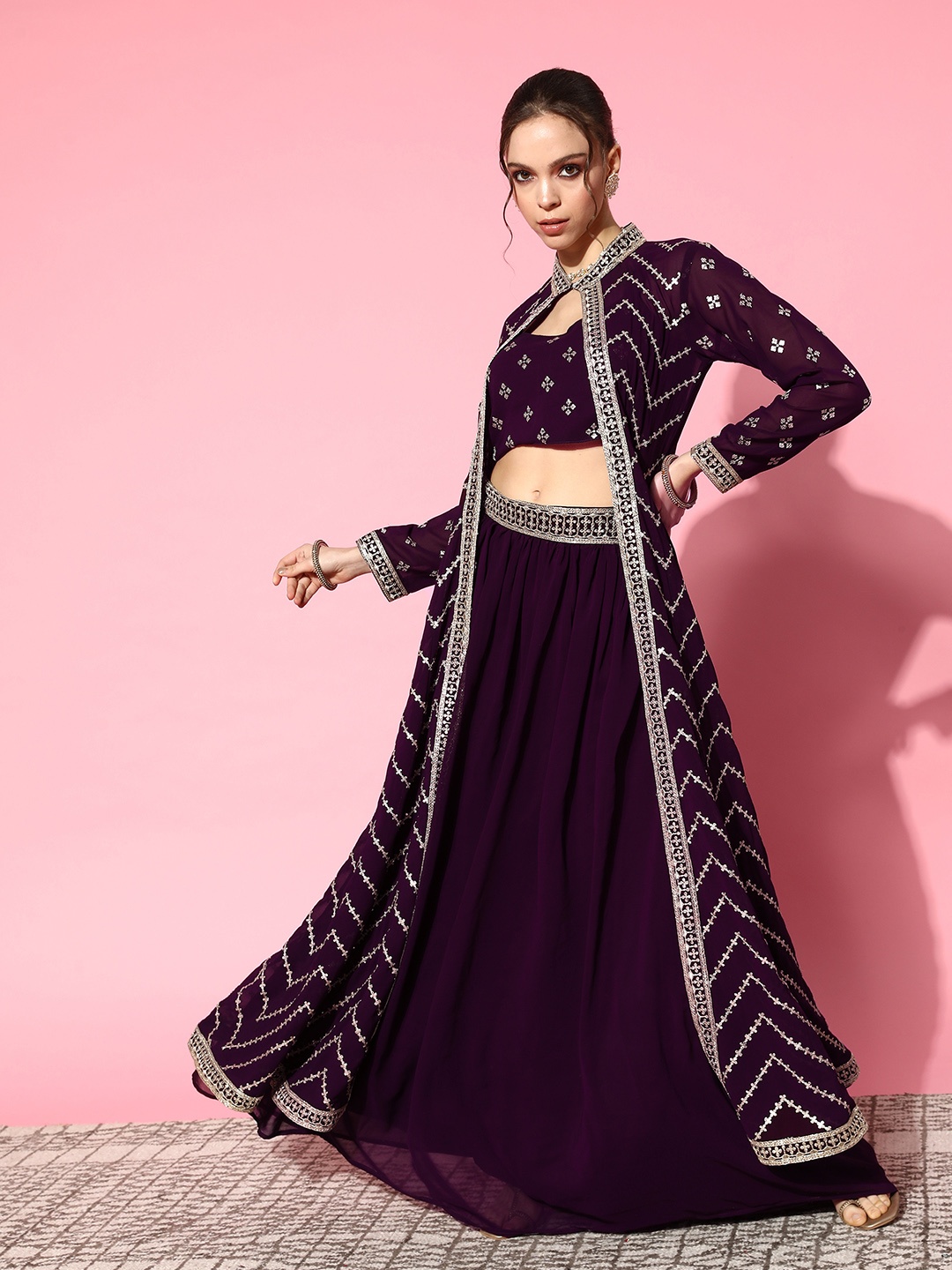 

Kvsfab Women Purple Ethnic Motifs Embroidered Top With Skirt & With Jacket