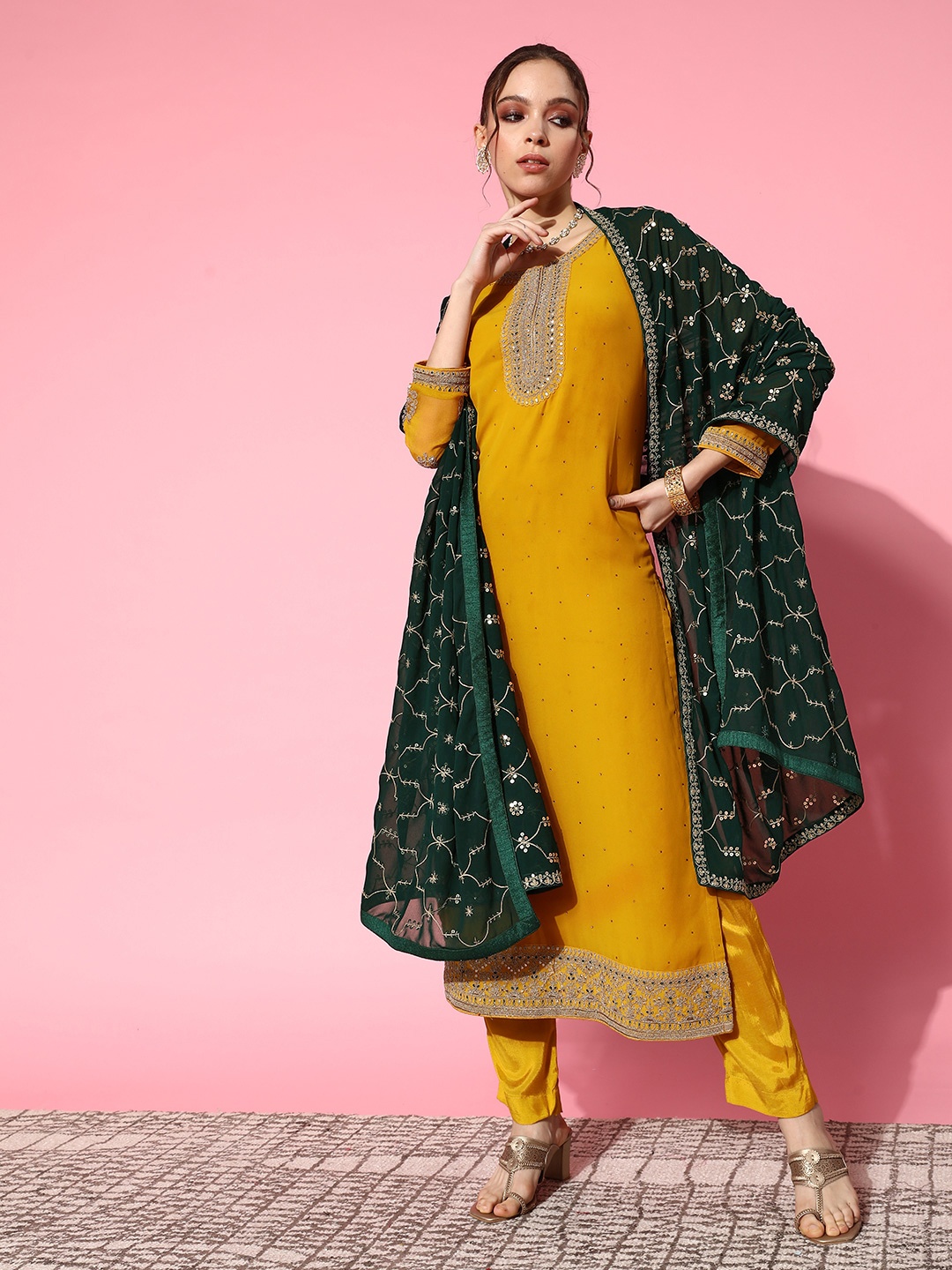 

Kvsfab Women Mustard Yellow Ethnic Motifs Embroidered Sequinned Kurta with Trousers & With Dupatta