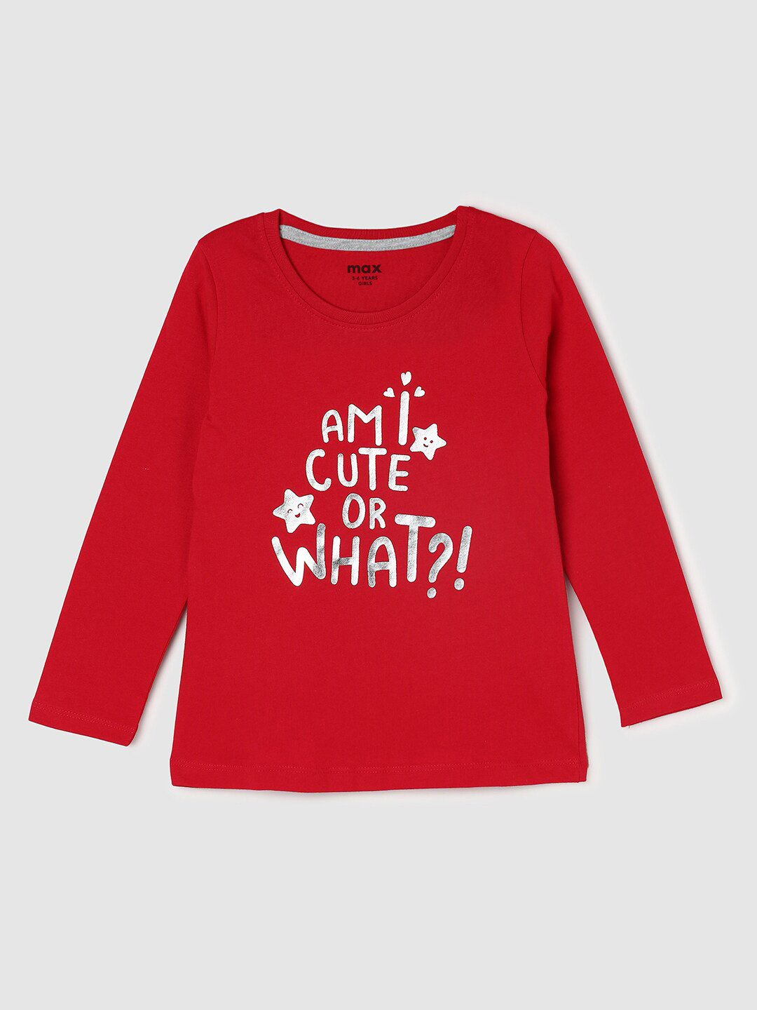 

max Girls Red Typography Printed Cotton T-shirt