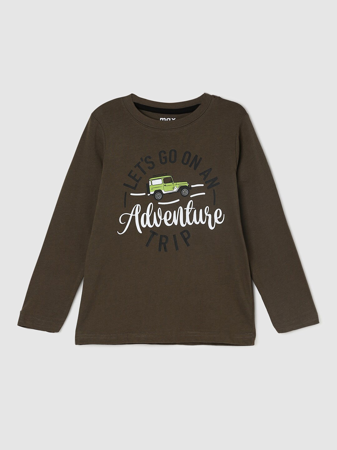 

max Boys Olive Green Typography Printed Applique Cotton T-shirt