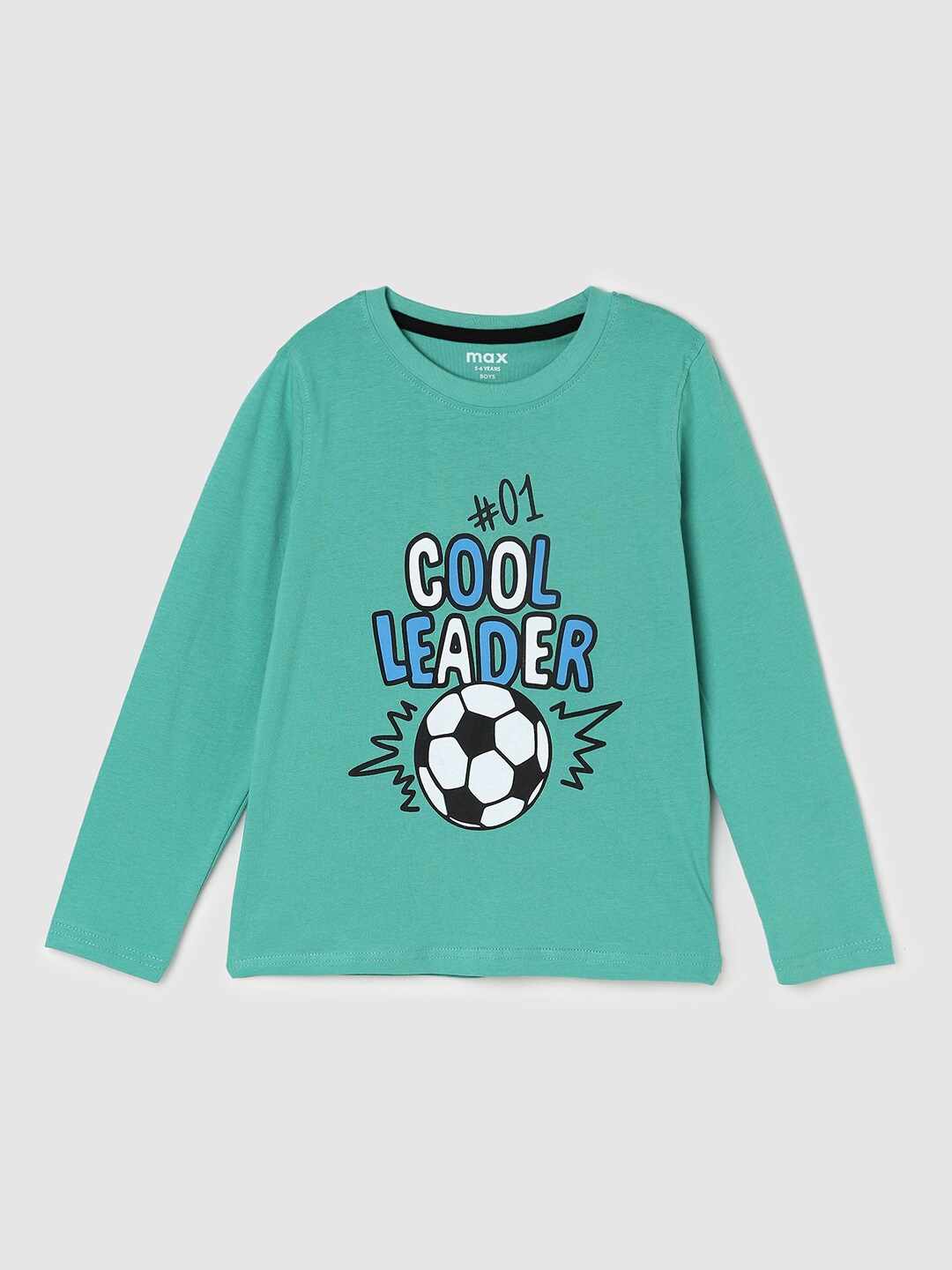 

max Boys Green Typography Printed Applique Cotton T-shirt