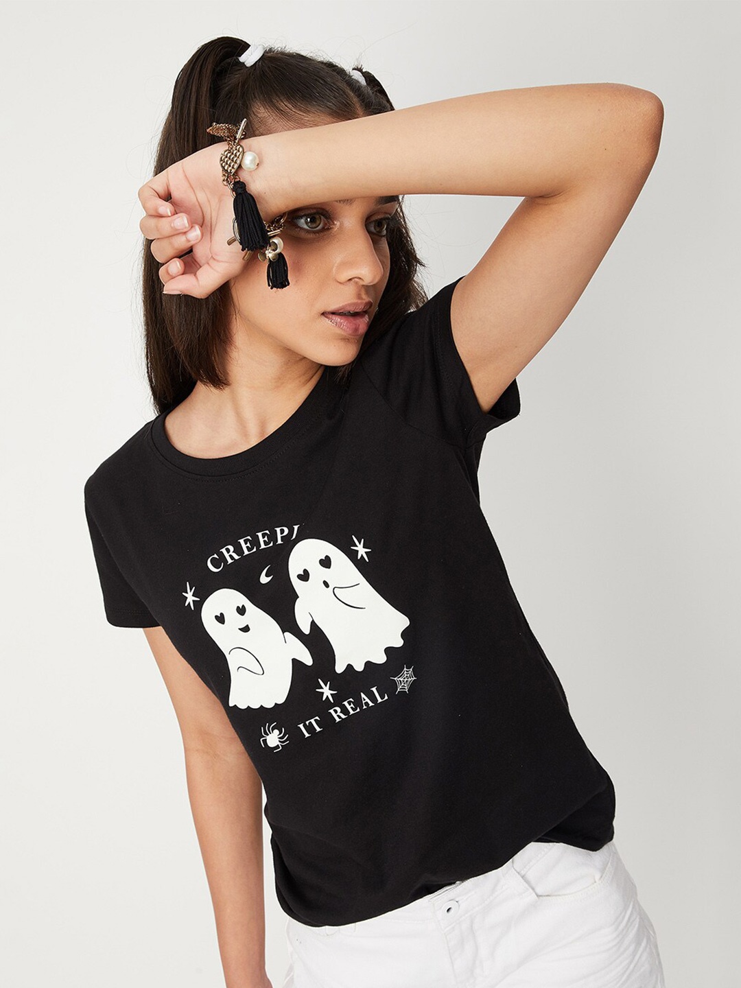

max Girls Black Printed Applique Cotton T-shirt