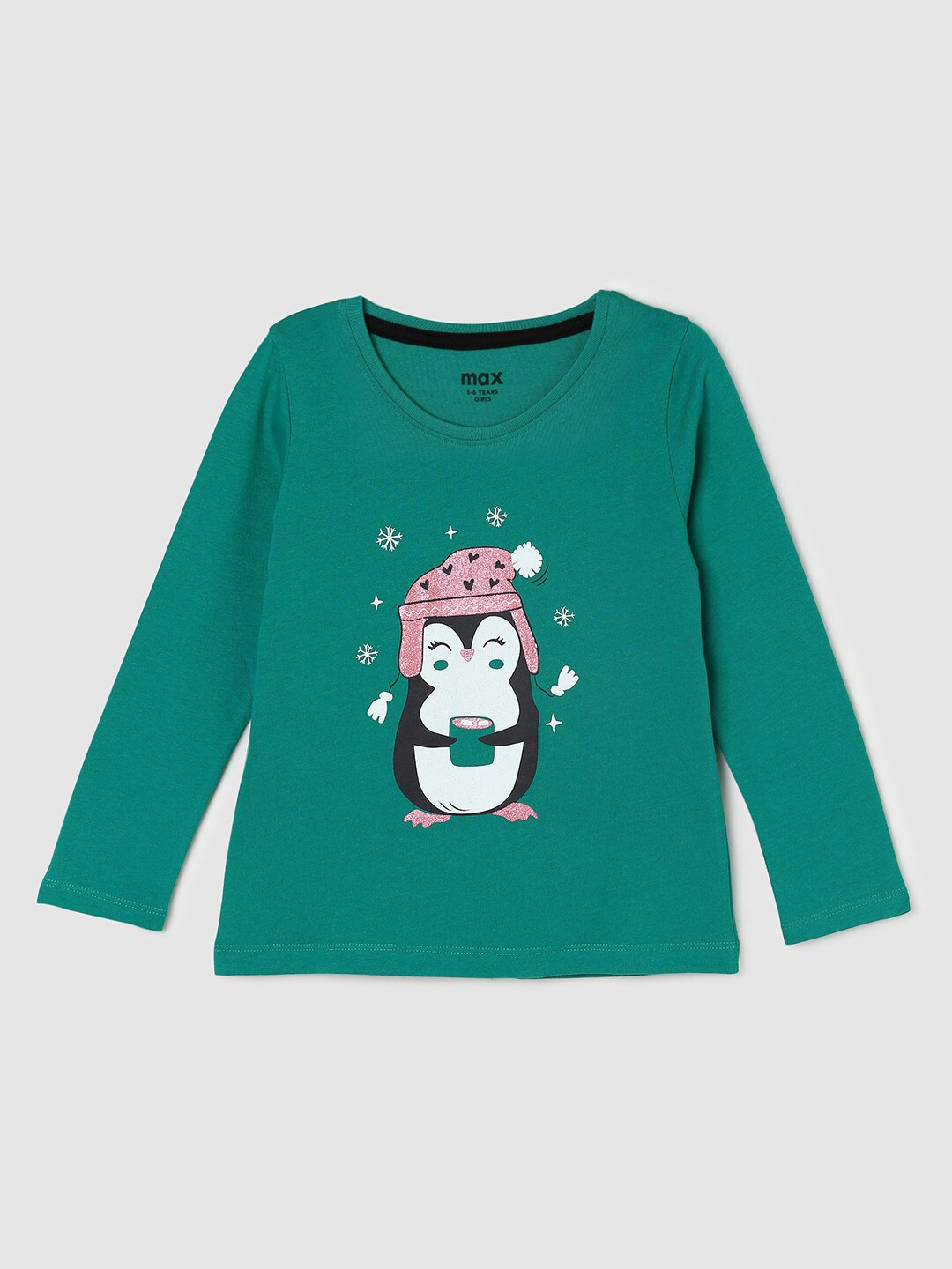 

max Girls Green Printed Applique Cotton T-shirt