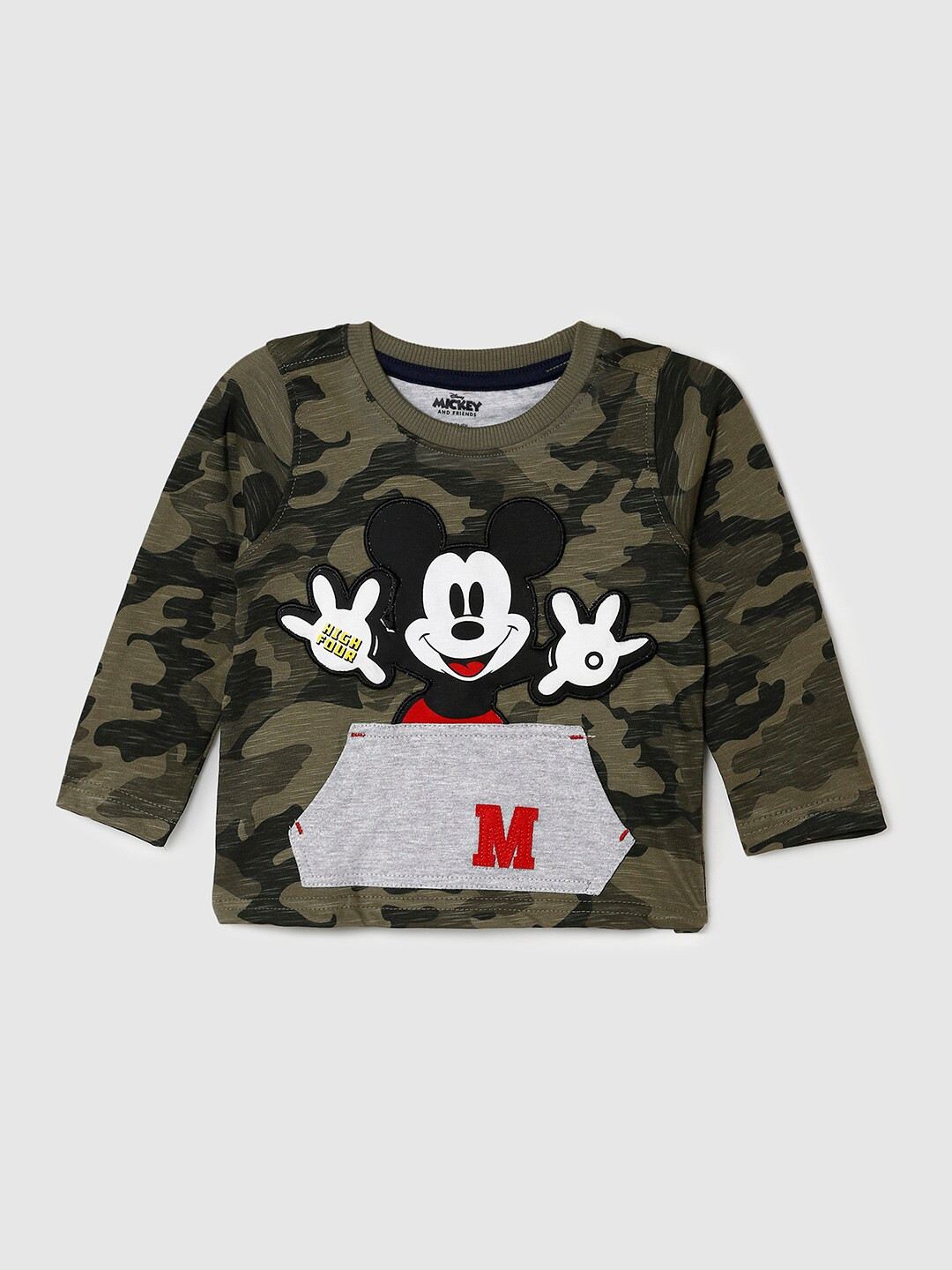 

max Boys Olive Green & Green Mickey Mouse Applique Cotton T-shirt
