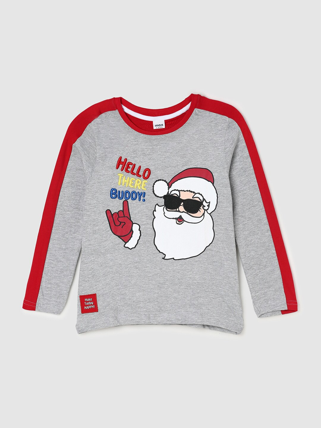 

max Boys Grey & Red Printed Applique Cotton T-shirt