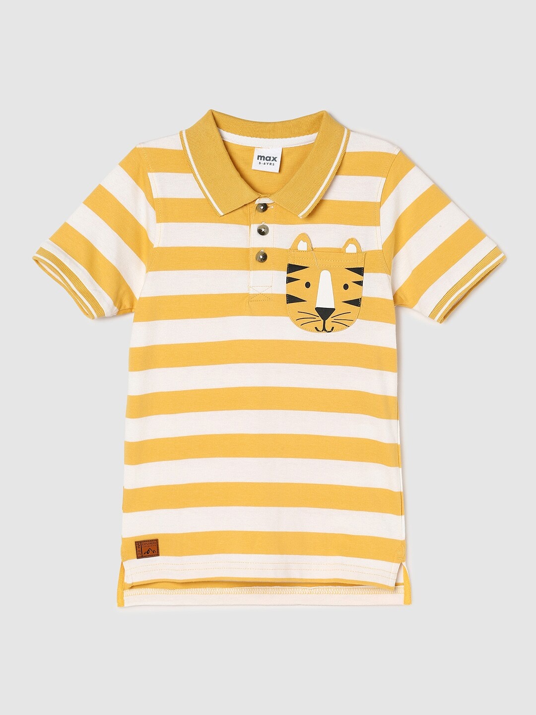 

max Boys White & Yellow Striped Polo Collar Applique Cotton T-shirt