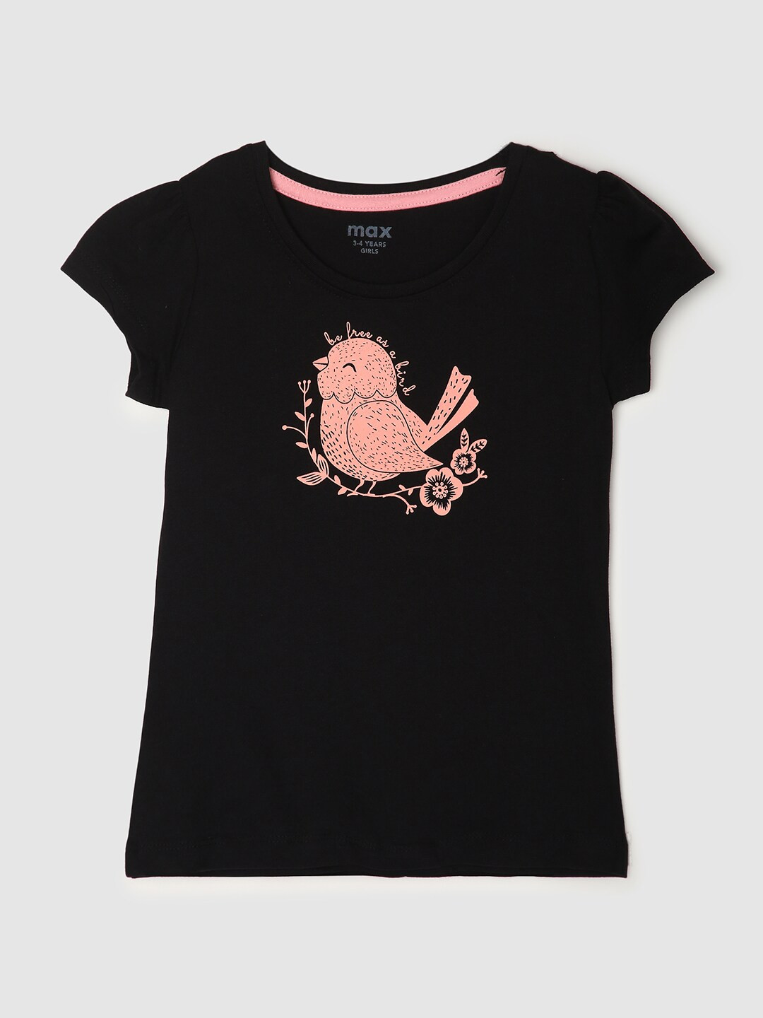 

max Girls Black & Pink Printed Applique Cotton T-shirt