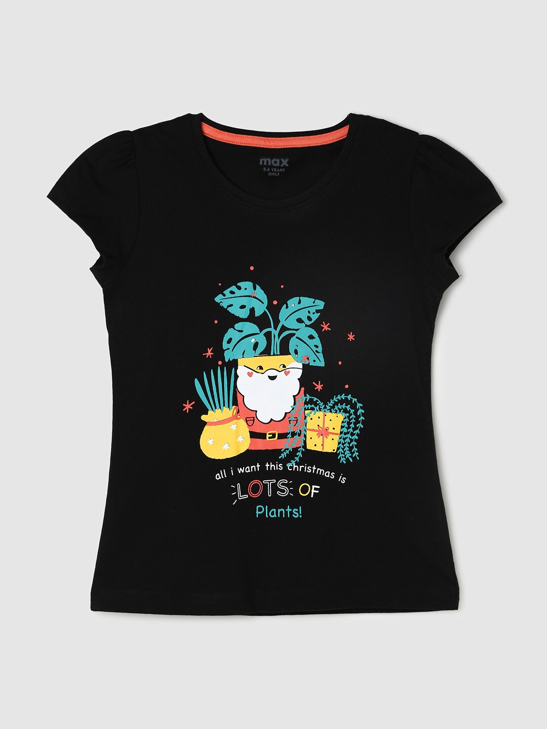 

max Girls Black Printed Applique Cotton T-shirt