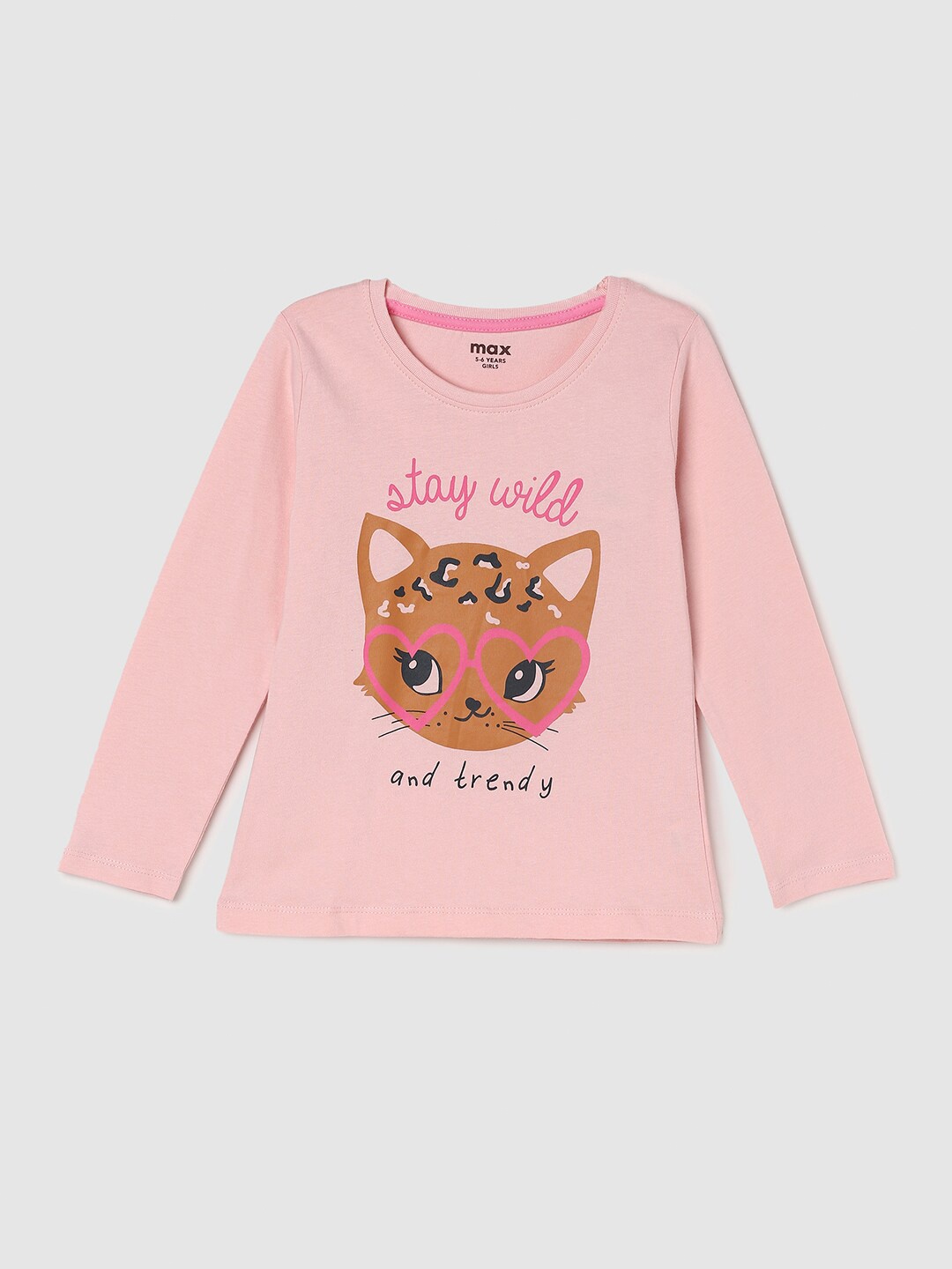 

max Girls Peach-Coloured Printed Applique Cotton T-shirt