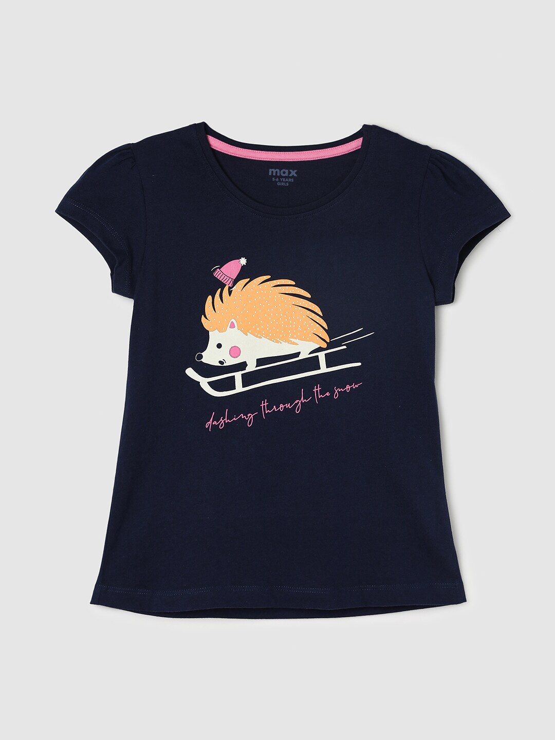 

max Girls Blue Printed Applique Cotton T-shirt