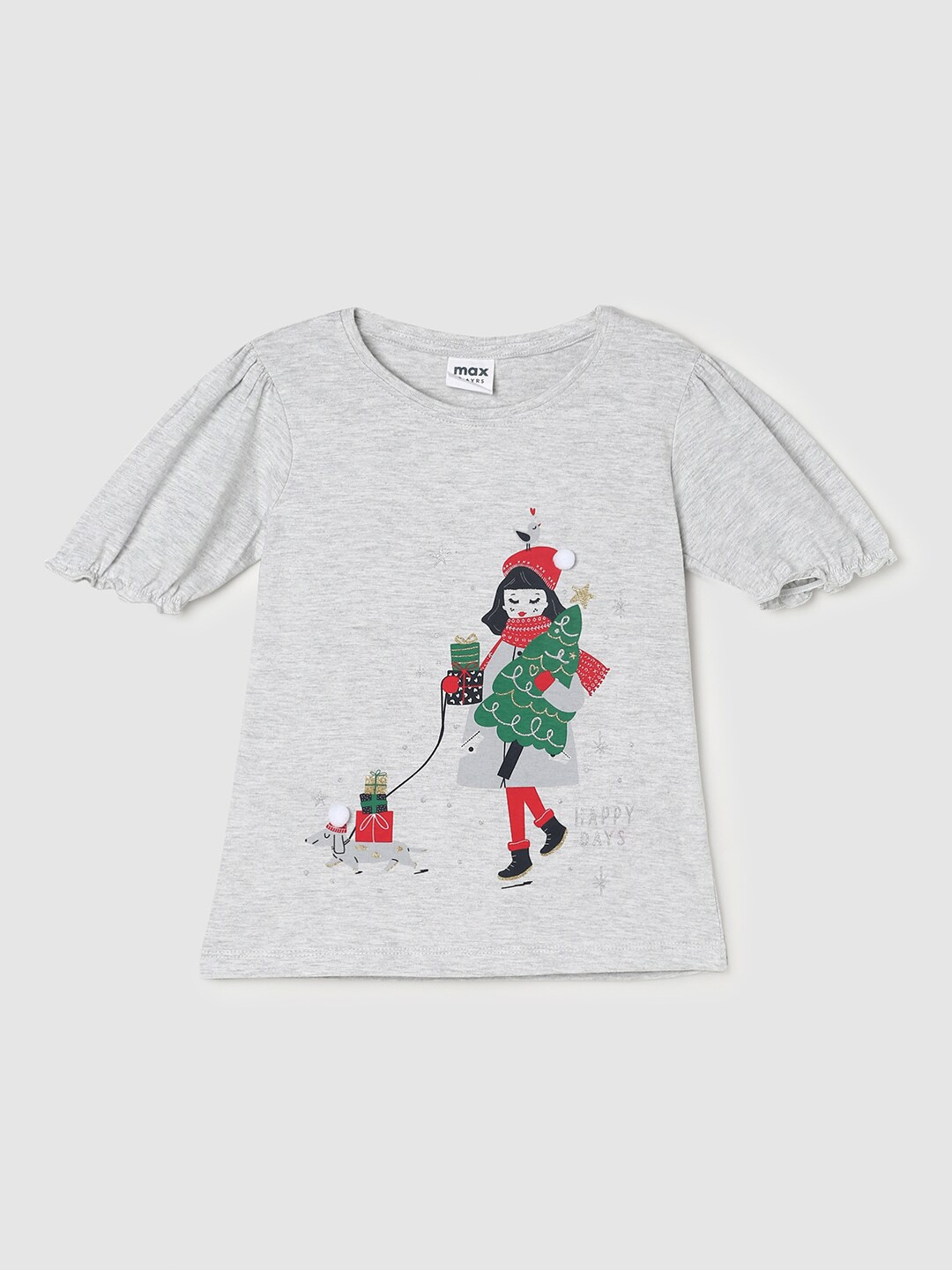 

max Girls Grey Printed Puff Sleeves Applique Cotton T-shirt