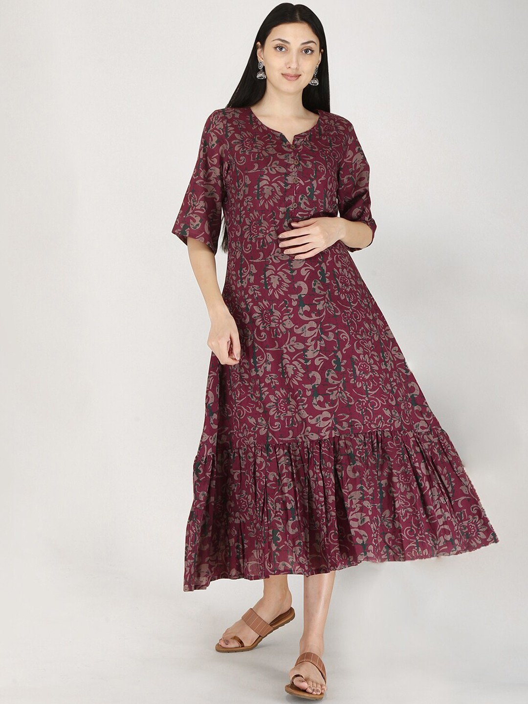 

KALINI Women Magenta Floral Flared Sleeves Floral Anarkali Cotton Kurta